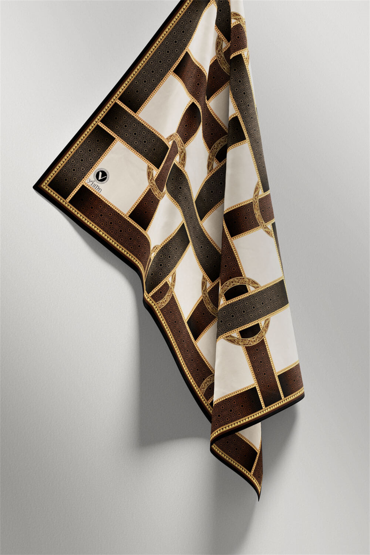 Twill Kemer Desenli Bej - Taba Renkli 90x90 Eşarp (İpek İçermez) Dikim Şekli : El Dikişi