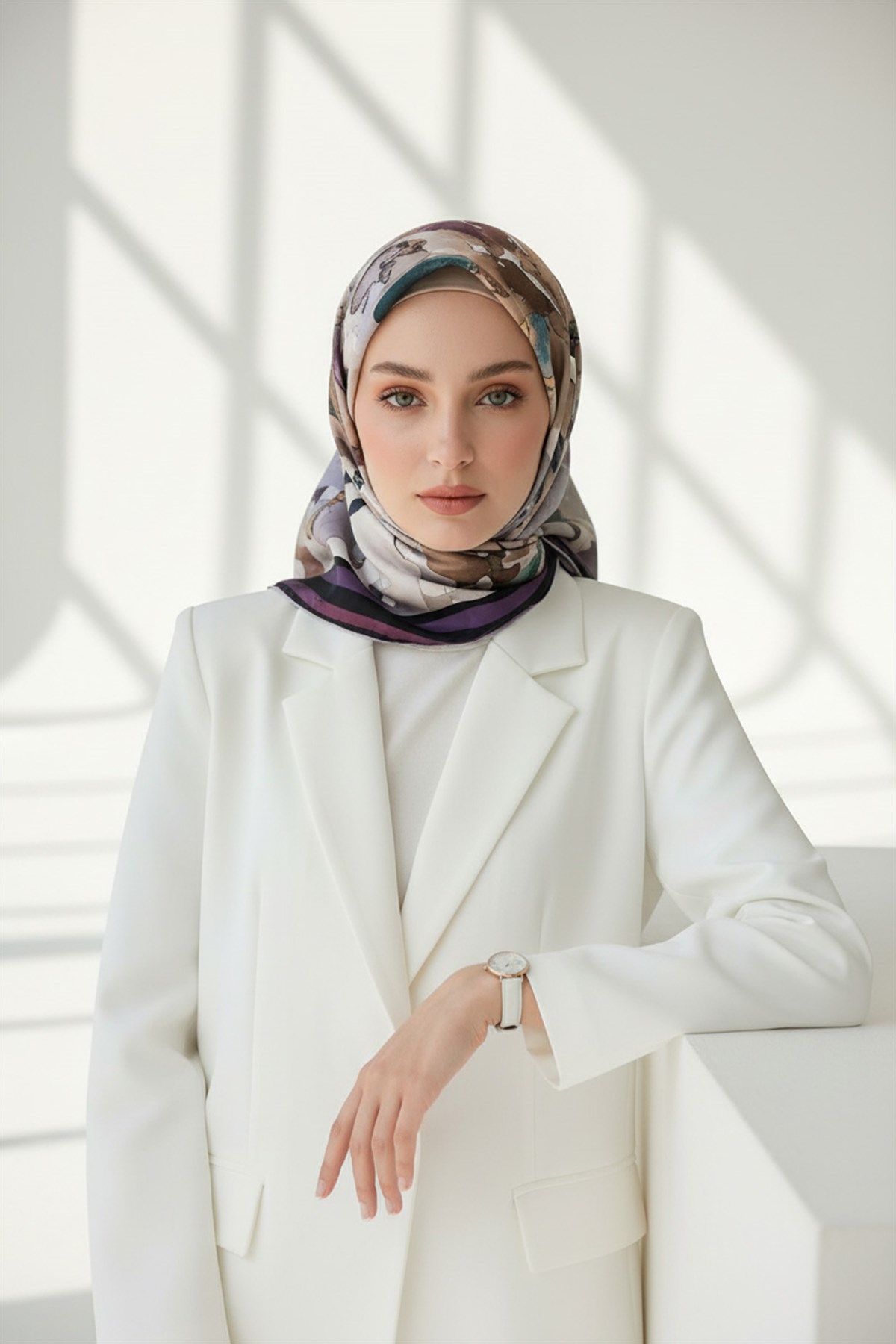 % 57 İPEK % 43 VİSKON Twill İpek Sulu Boyalı Çiçek Desenli Mor - Vizon Renkli 90x90 Eşarp Dikim Şekli : El Dikişi