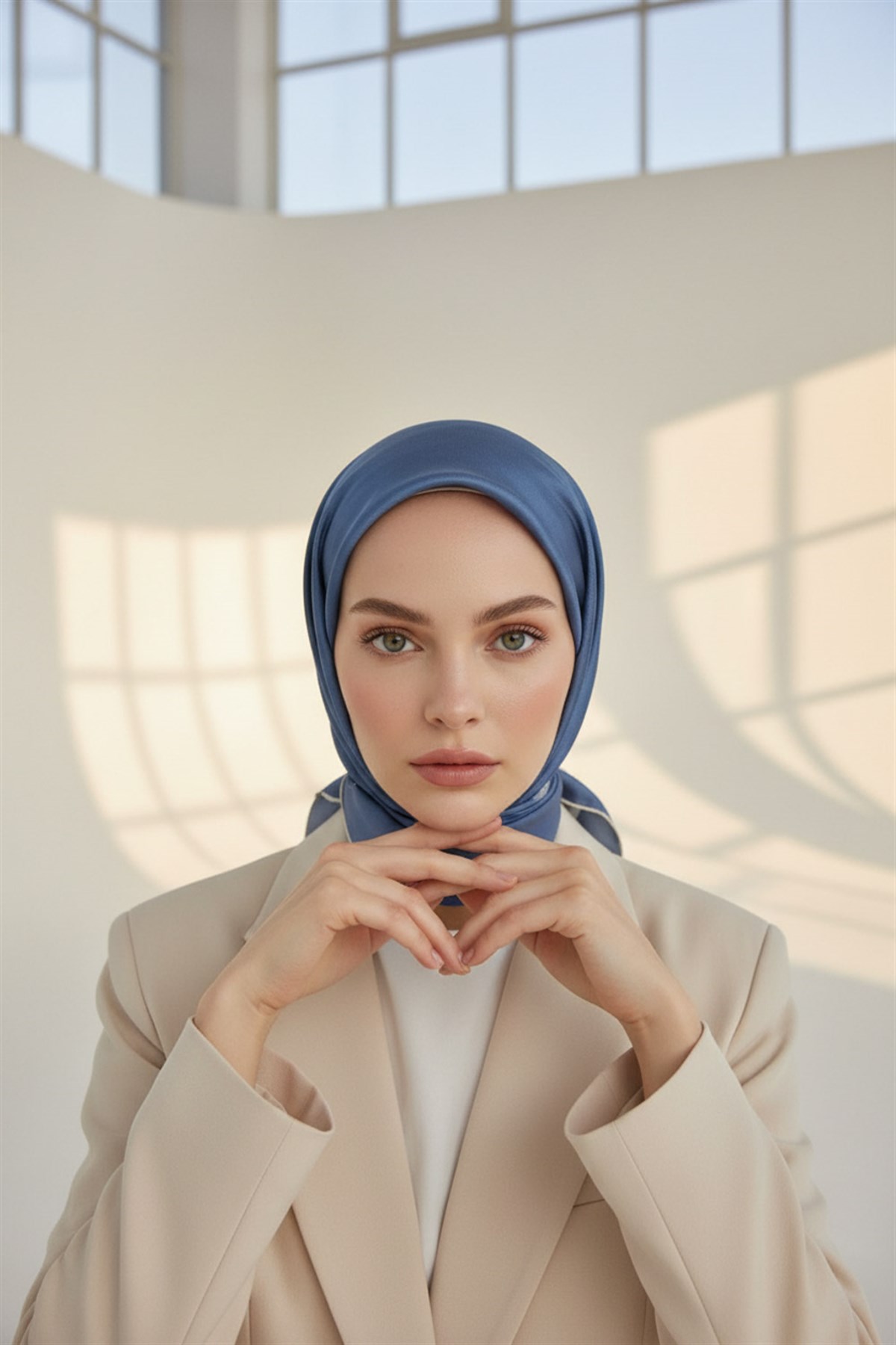 100% Twill İpek Düz Renk Bordür Desenli İndigo - Krem Renkli Daha Tok Exclusive Serisi 90x90 Dikim Şekli : El Dikişi Eşarp