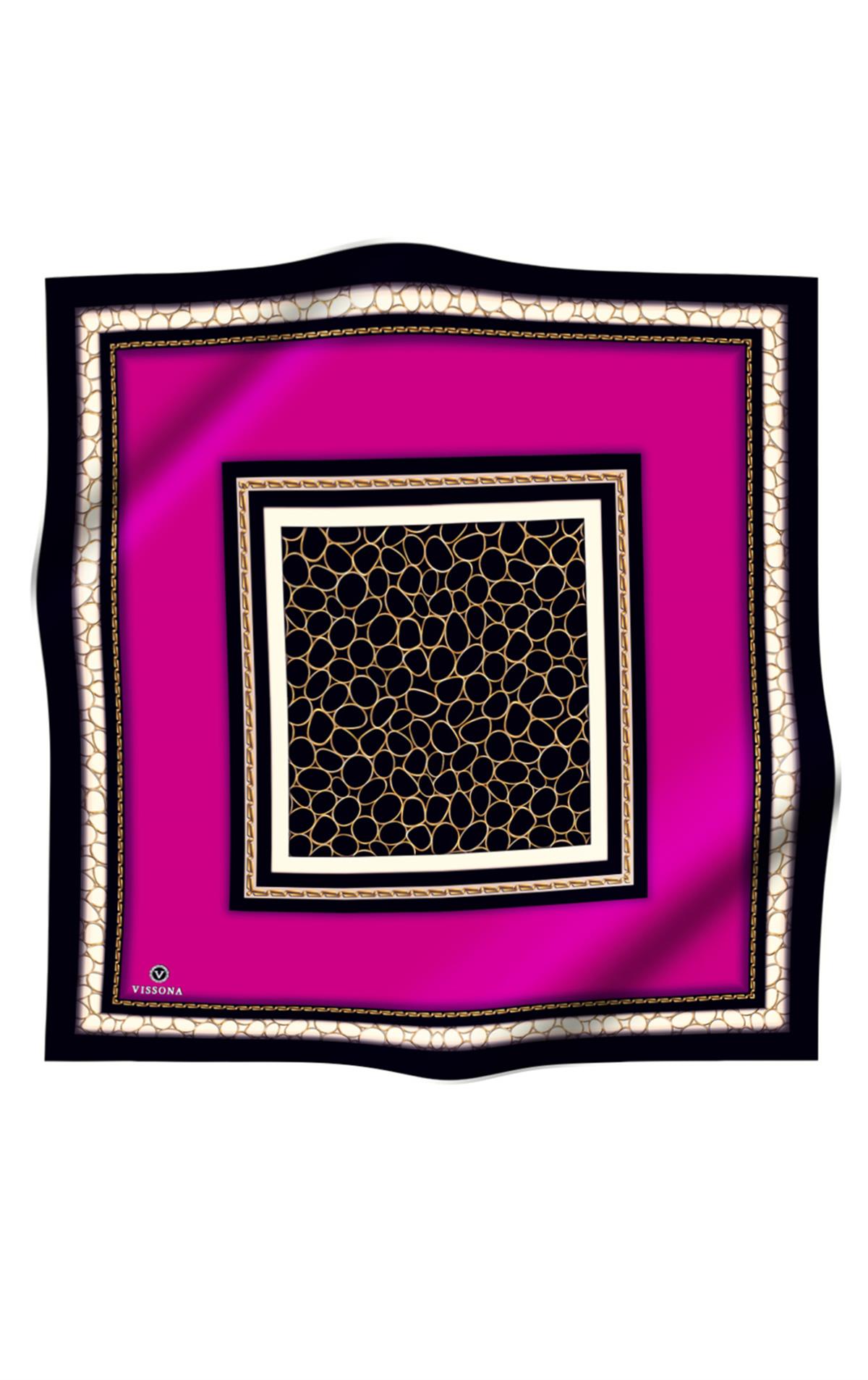 %100 Twill İpek Gold Halka Desenli Fuşya - Siyah Renkli 90x90 Eşarp Dikim Şekli : El Dikişi