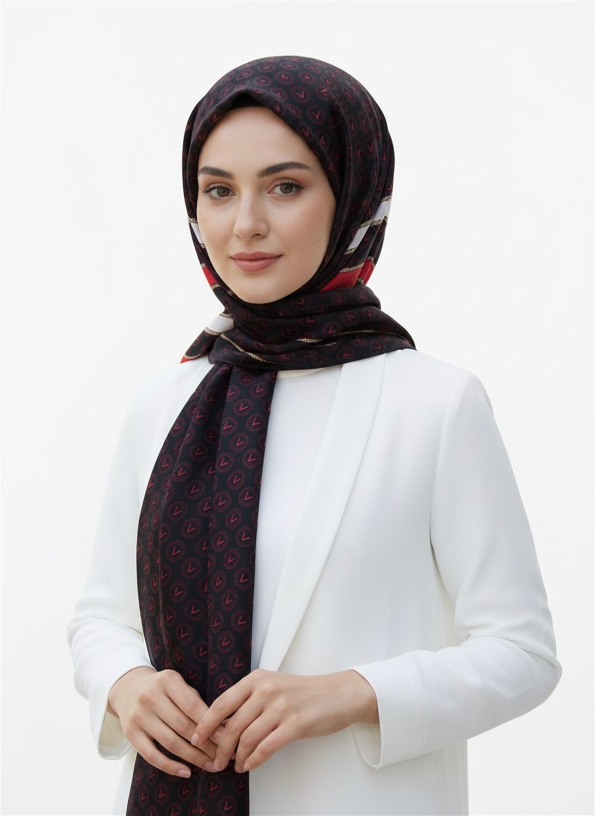 %100 Saf İpek Şal İnce Saten Vual Dokuma Monogram Desenli Siyah - Kırmızı Renkli 90x210 Şal