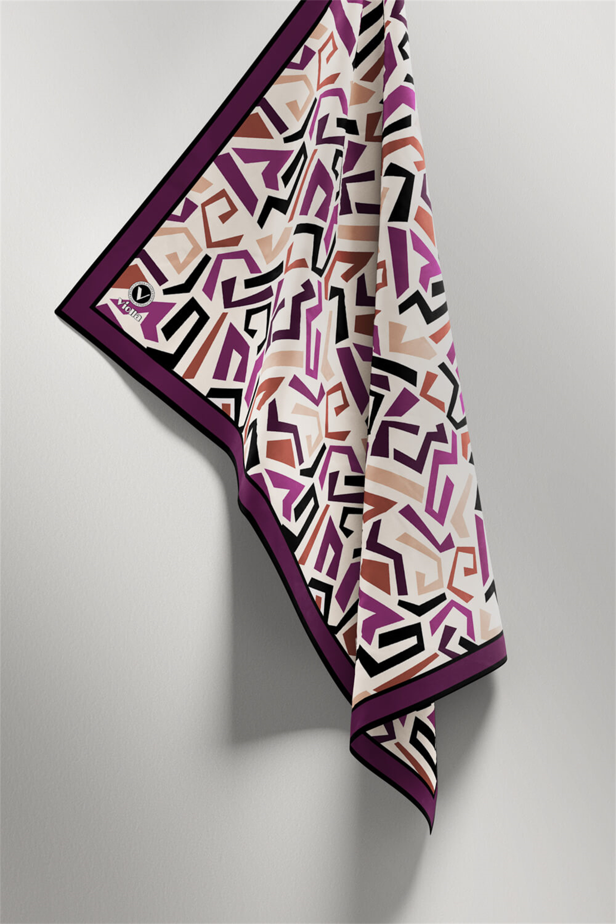 Twill Geometrik Desenli Mürdüm Renkli 90x90 Eşarp (İpek İçermez) Kenar Dikiş Şekli El Dikişli