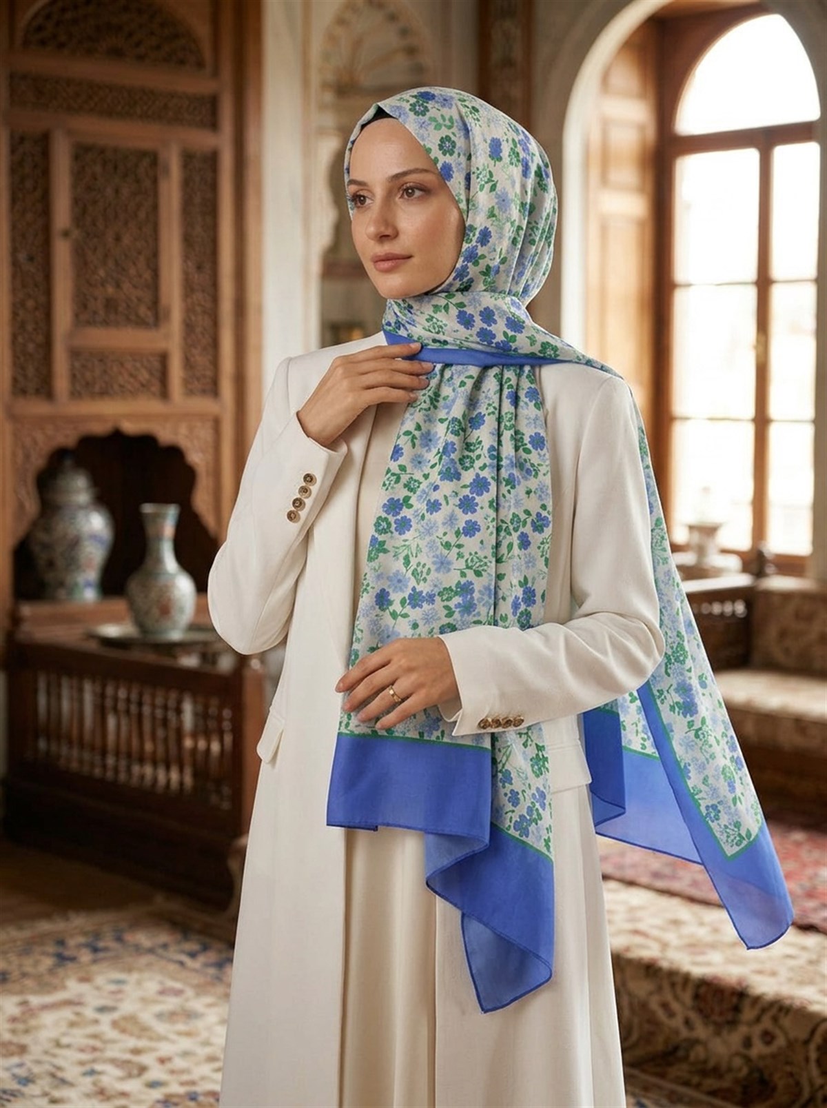 %100 Saf İpek Şal İnce Saten Vual Dokuma Çıtır Çiçek Desenli Saks Renkli 90x210 Şal