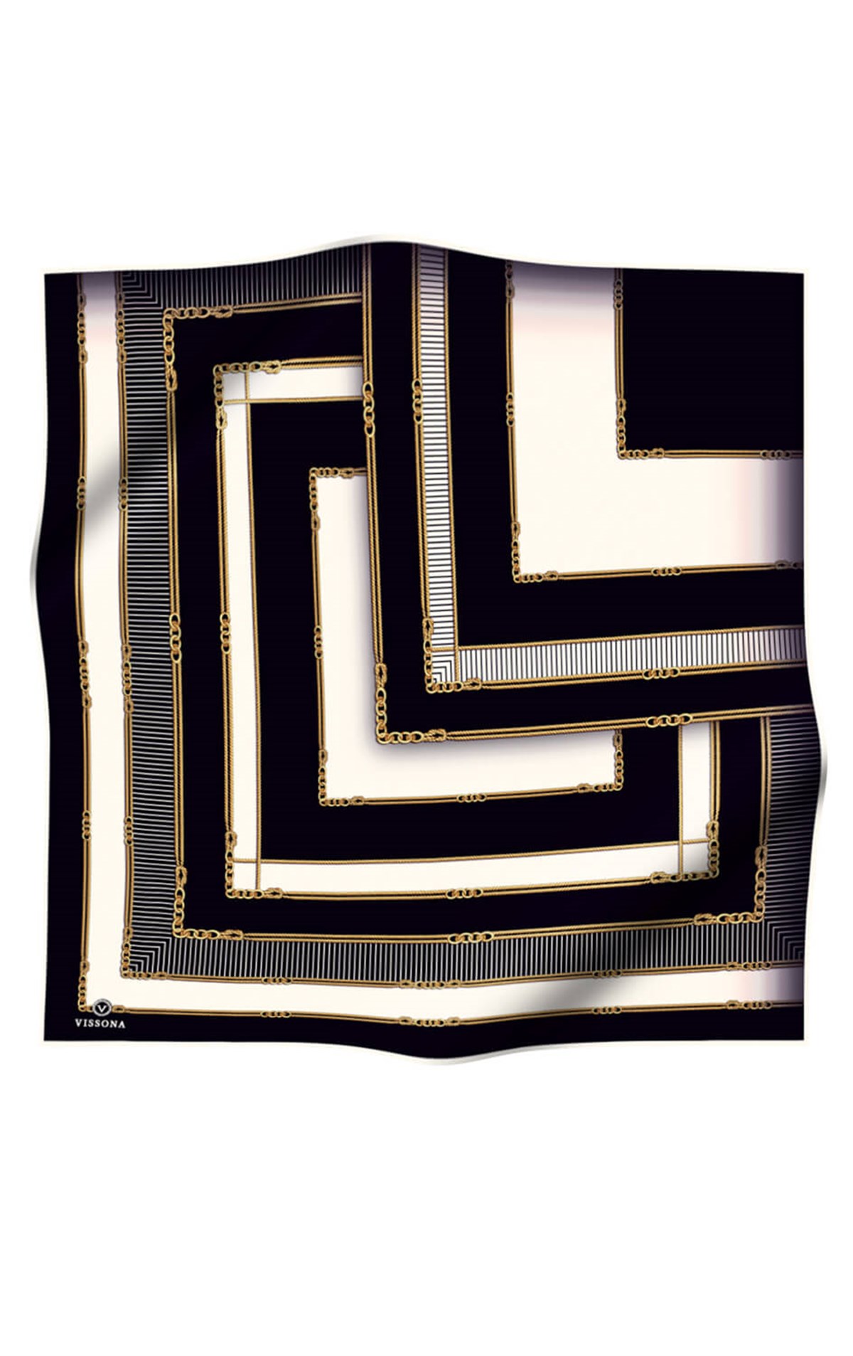 %100 Twill İpek Zincir Detaylı Geometrik Desenli Siyah - Krem Renkli 90x90 Eşarp Dikim Şekli : El Dikişi
