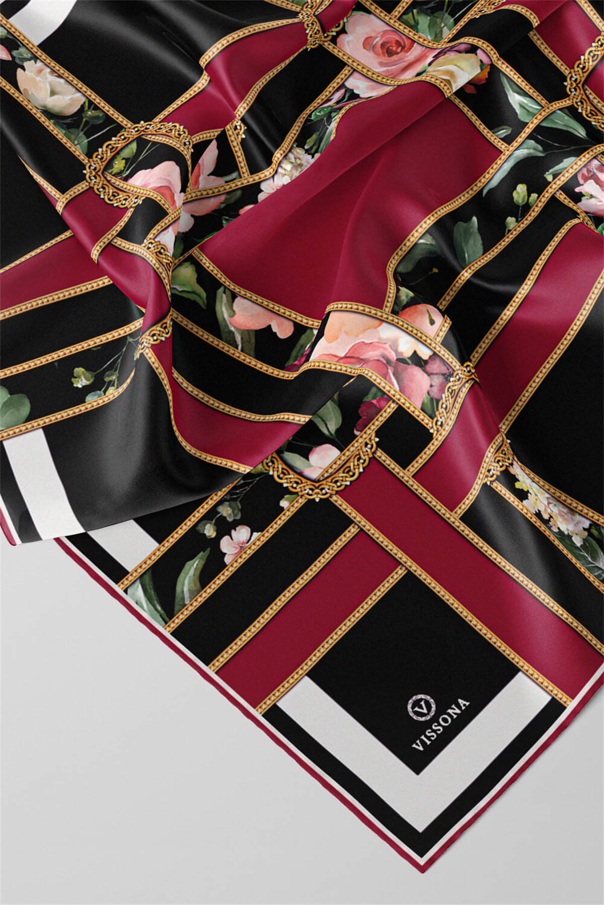 % 57 İPEK % 43 VİSKON Twill İpek Şeritleri Kemerli Ve Çiçek Desenli Bordo - Siyah Renkli 90x90 Eşarp Dikim Şekli : El Dikişi