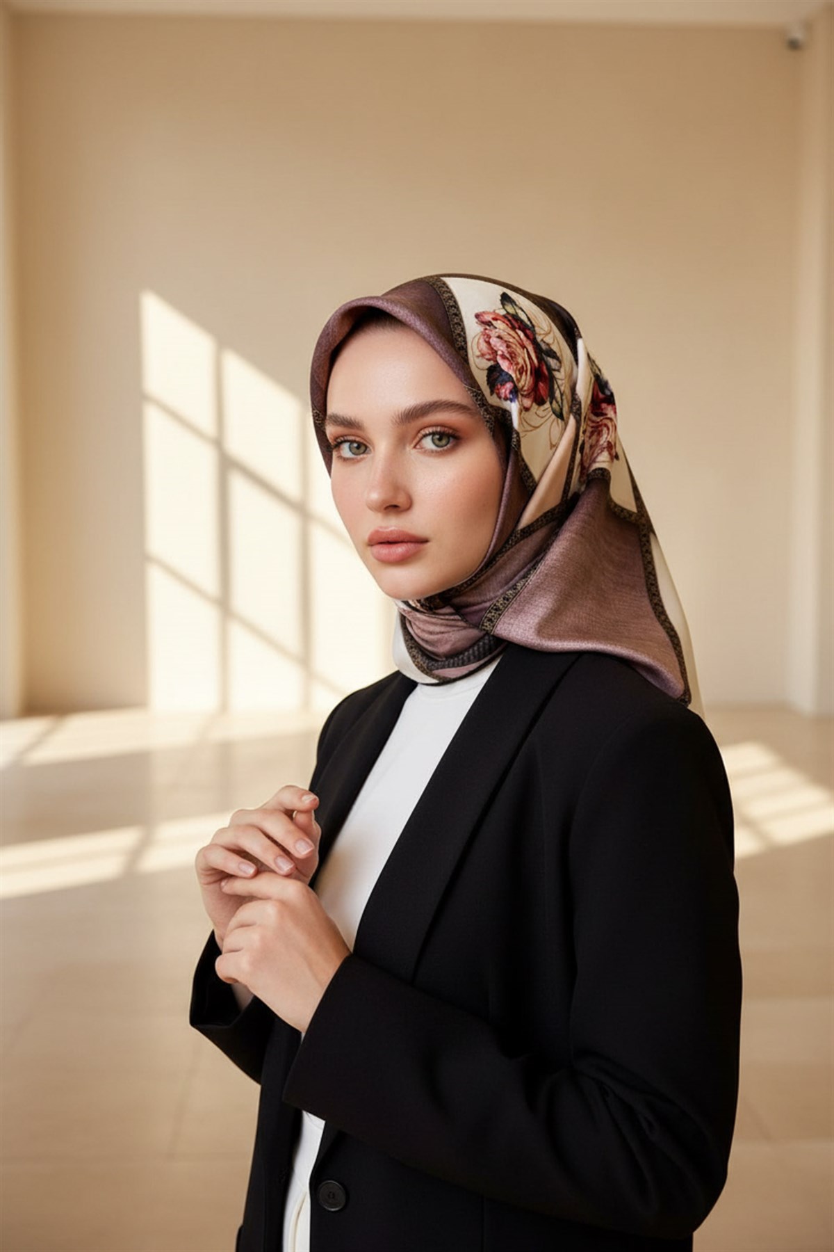 %100 Twill İpek Dokulu Çiçekli Ve Geometrik Desenli Pudra - Bej Renkli 90x90 Eşarp Dikim Şekli : El Dikişi