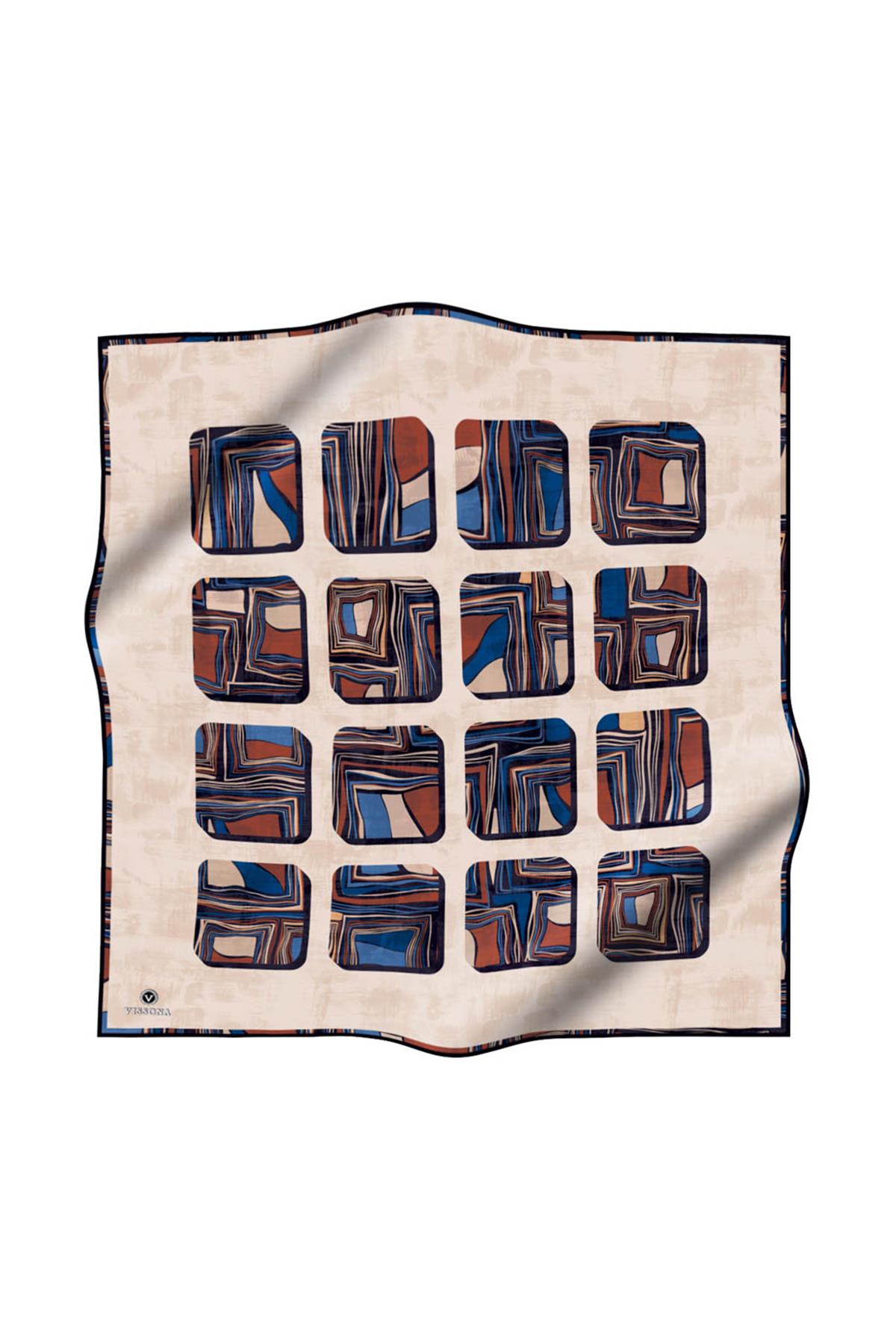 %100 Twill İpek Geometrik Kare Desenli Bej - Lacivert Renkli 90x90 Eşarp Dikim Şekli : El Dikişi