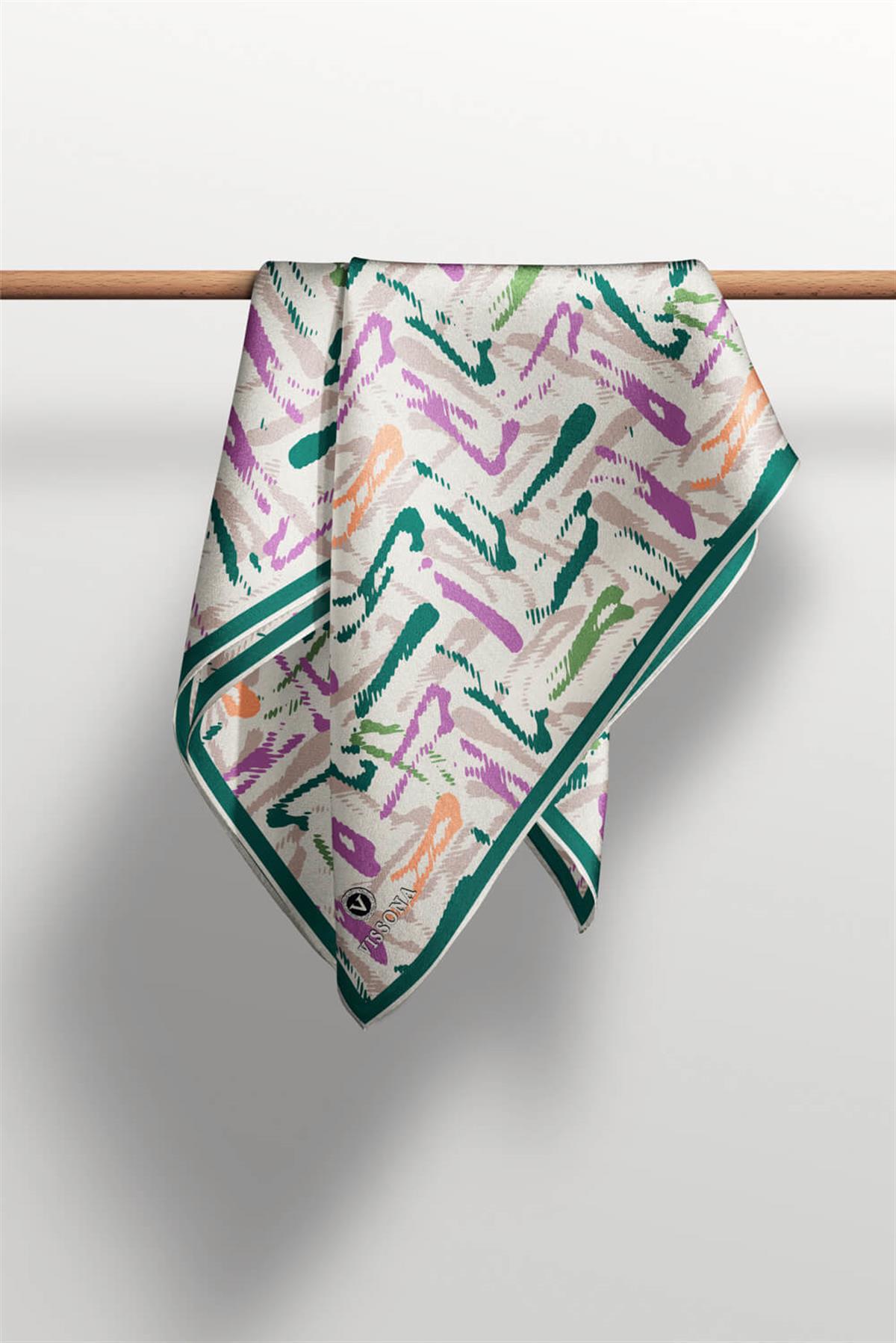 %100 Twill İpek Geometrik Desenli Petrol Yeşili - Mürdüm Renkli 90x90 Eşarp Dikim Şekli : El Dikişi