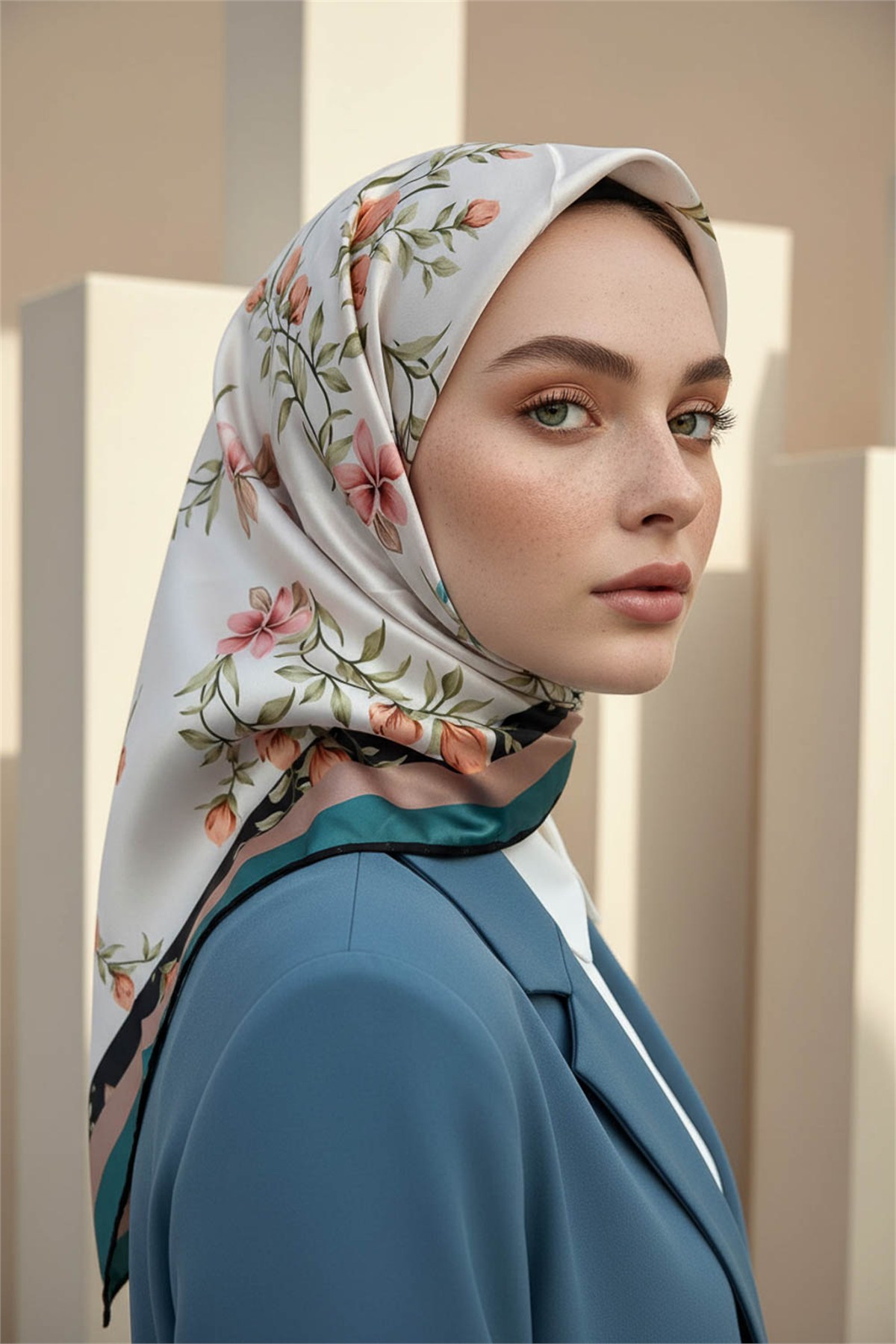 Rayon Çiçek Desenli Petrol Yeşili Renkli 90x90 Eşarp (İpek İçermez) Dikim Şekli : El Dikişi