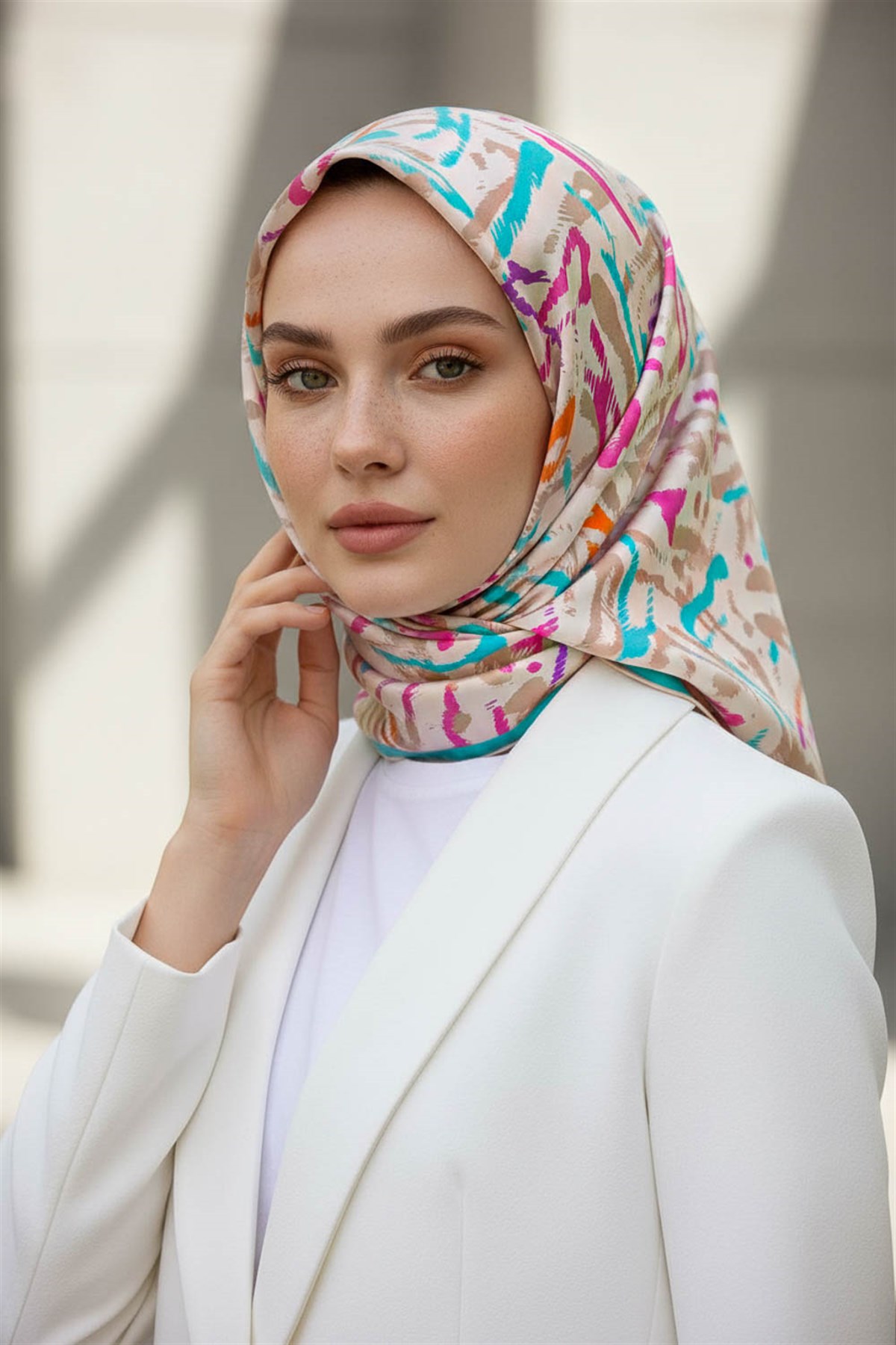 %100 Twill İpek Geometrik Desenli Turkuaz - Pembe Renkli 90x90 Eşarp Dikim Şekli : El Dikişi