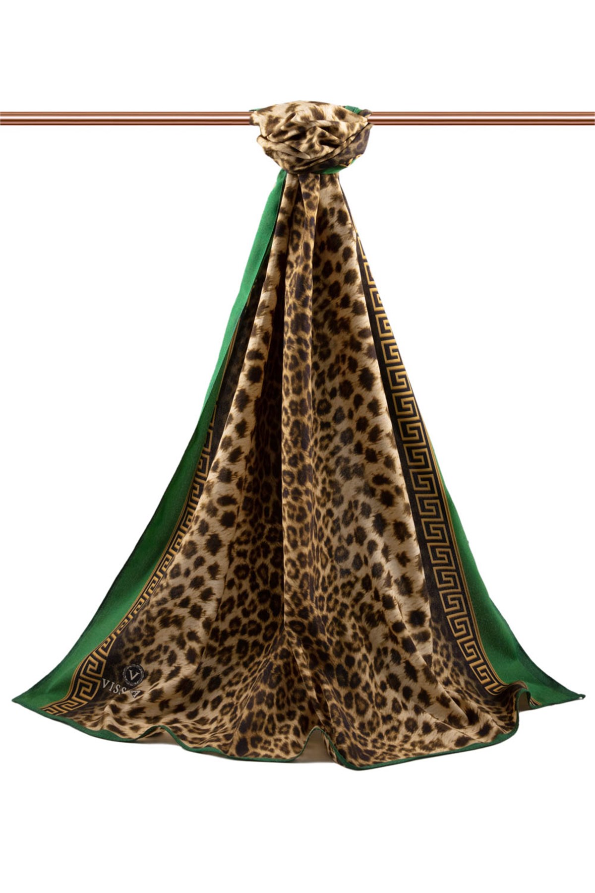 KREP BAROK BARDÜRLÜ LEOPAR DESENLİ HARDAL - ZÜMRÜT YEŞİLİ RENKLİ 75X195 KIRIŞMAZ ŞAL
