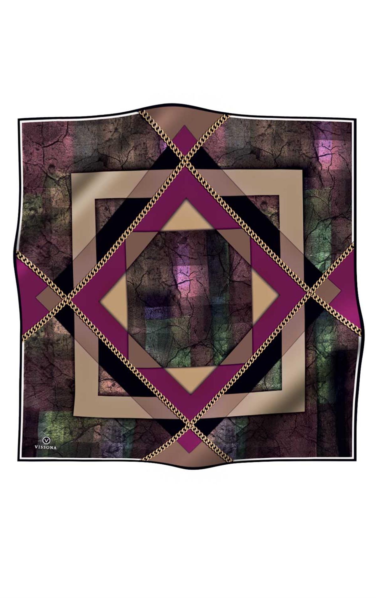 %100 Twill İpek Taş Efekti Desenli Mürdüm - Siyah Renkli 90x90 Eşarp Dikim Şekli : El Dikişi