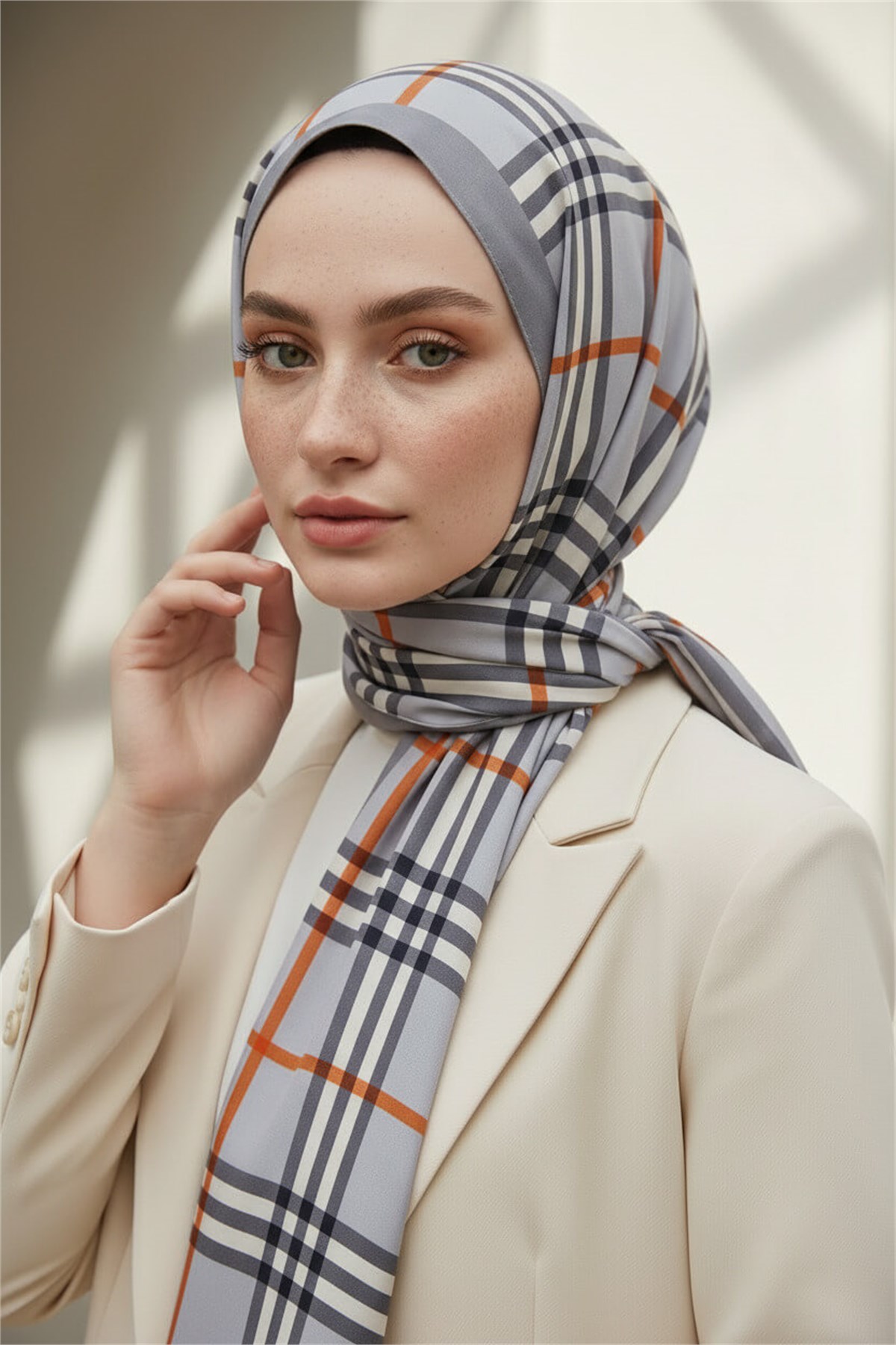 Krep Şal 75x195 Gri Ekose Desenli Kırışmaz Kadın Şal