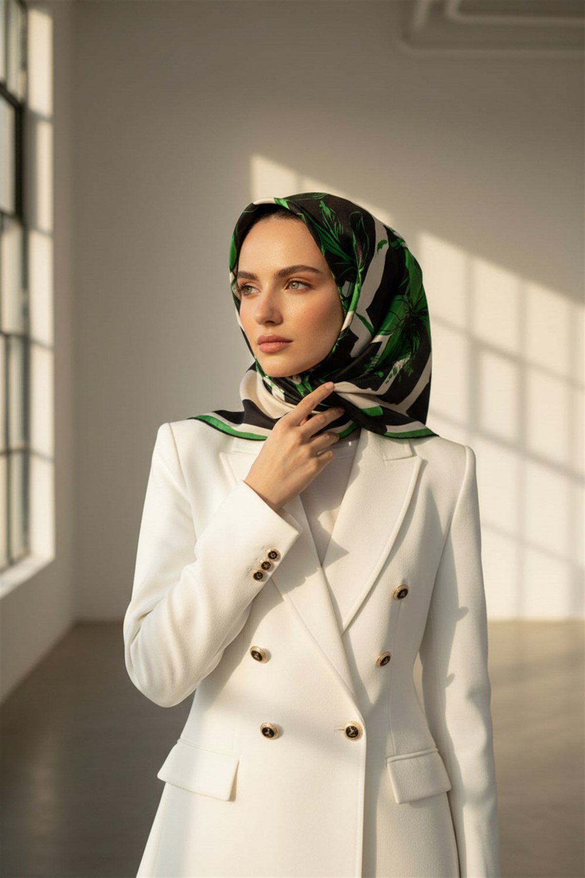 %100 Twill İpek Çiçekli ve Geometrik Desenli Benetton Yeşili - Siyah Renkli 90x90 Eşarp Dikim Şekli : El Dikişi