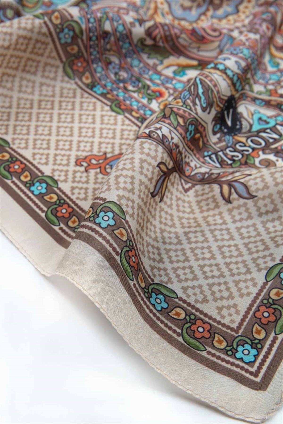 %100 İPEK ETRO DESENLİ BEJ - PETROL YEŞİLİ RENKLİ ŞAL