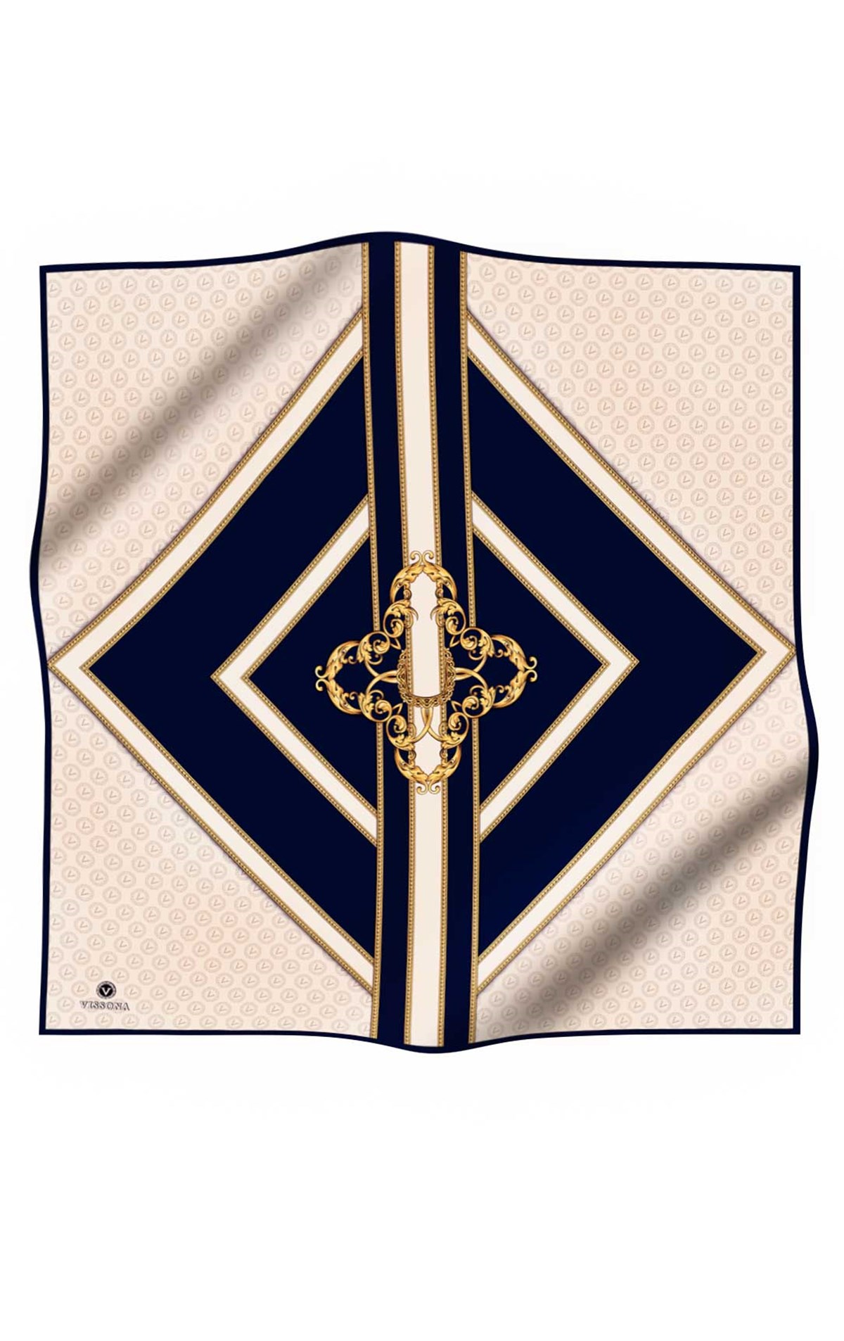 %100 Twill İpek Monogram ve Barok Desenli Lacivert - Krem Renkli 90x90 Eşarp Dikim Şekli : El Dikişi