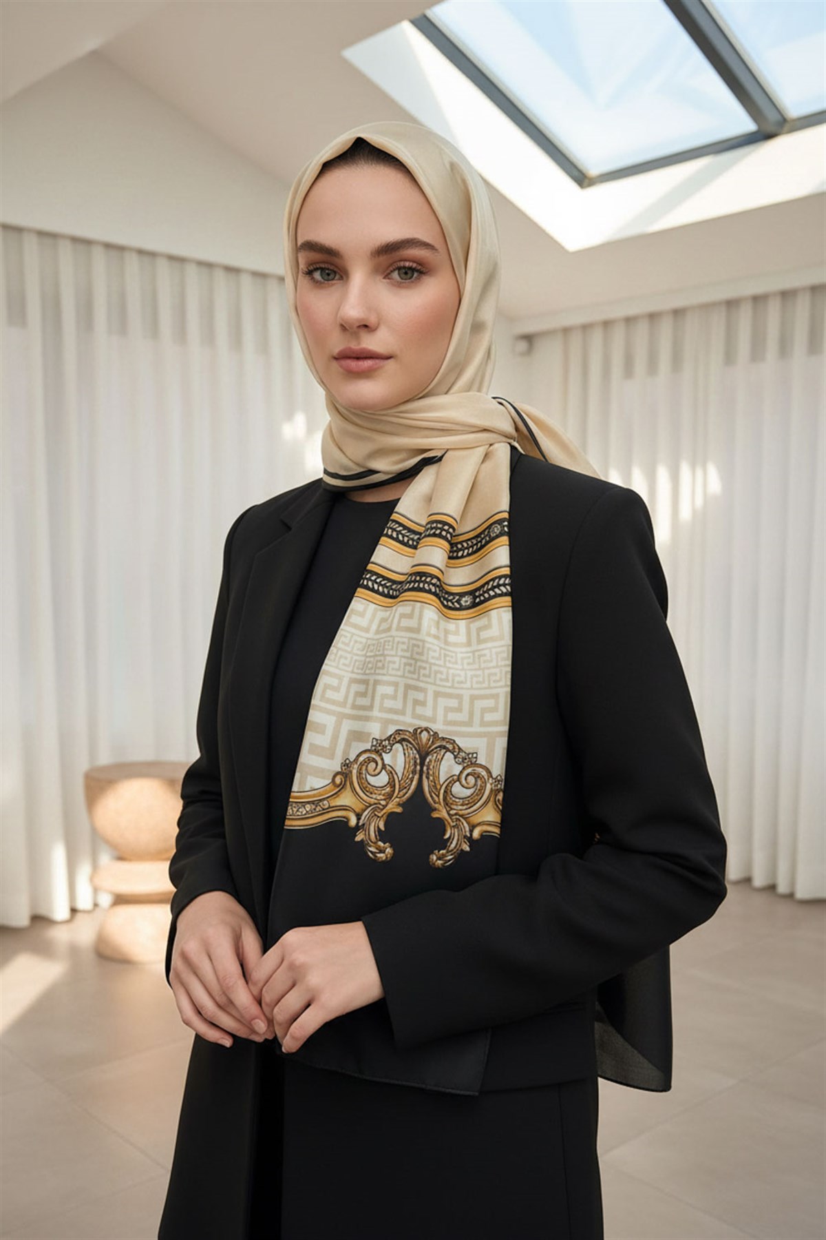 %100 Saf İpek Şal İnce Saten Vual Dokuma Barok Desenli 90x210 Şal