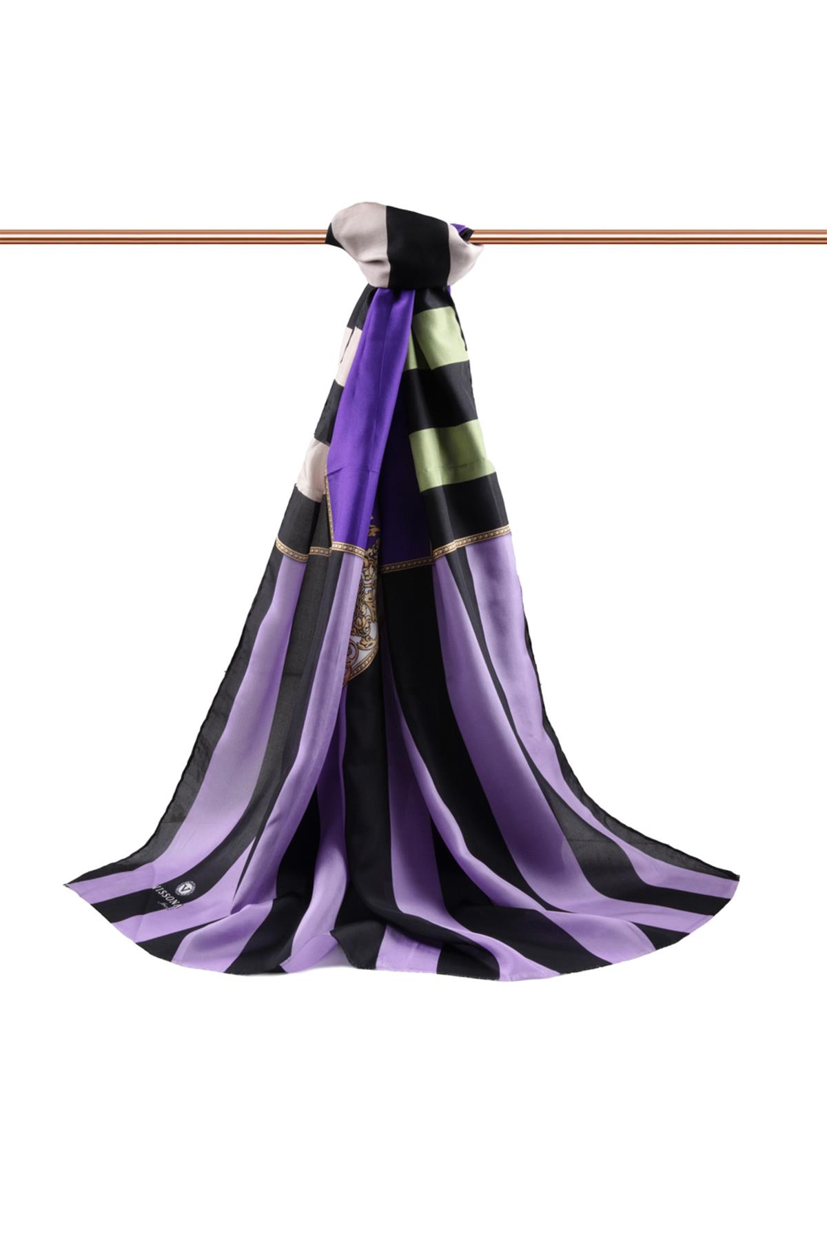 %100 İpek Şerit Ve Varak Desenli Mor - Lila Renkli 92x210 Şal