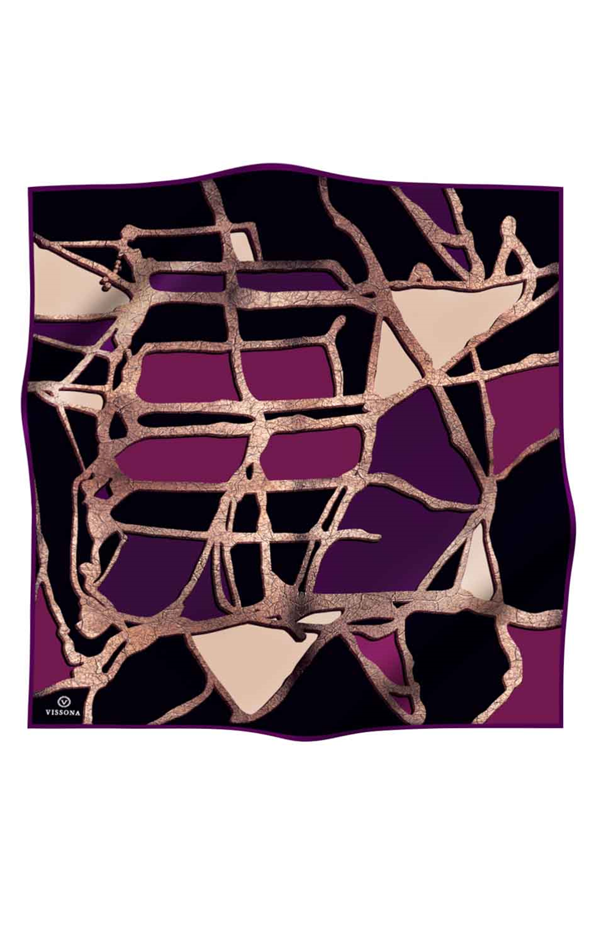 % 57 İPEK % 43 VİSKON Twill İpek Gold Efektli Geometrik Desenli Siyah - Mürdüm Renkli 90x90 Eşarp Dikim Şekli : El Dikişi