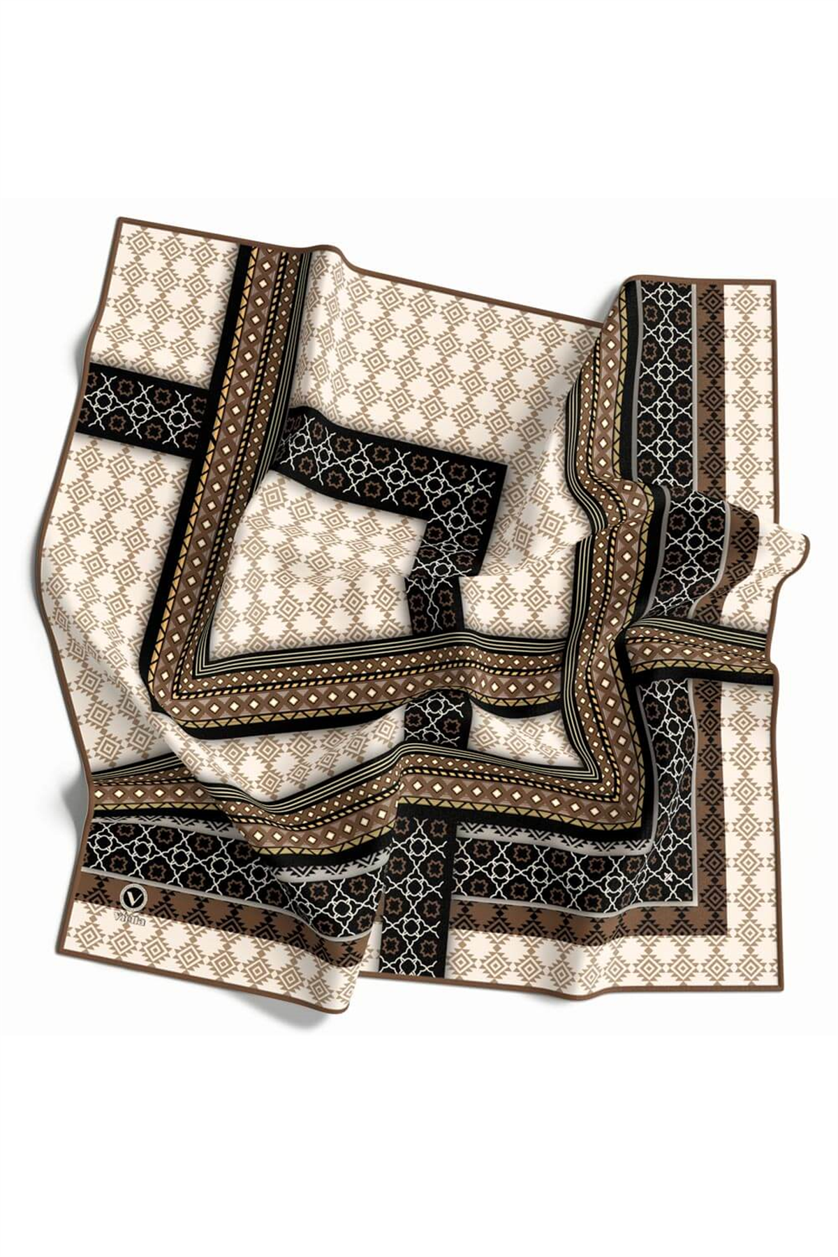 Twill Etnik Desenli Vizon Renkli 90x90 Eşarp (İpek İçermez) Kenar Dikiş Şekli El Dikişli