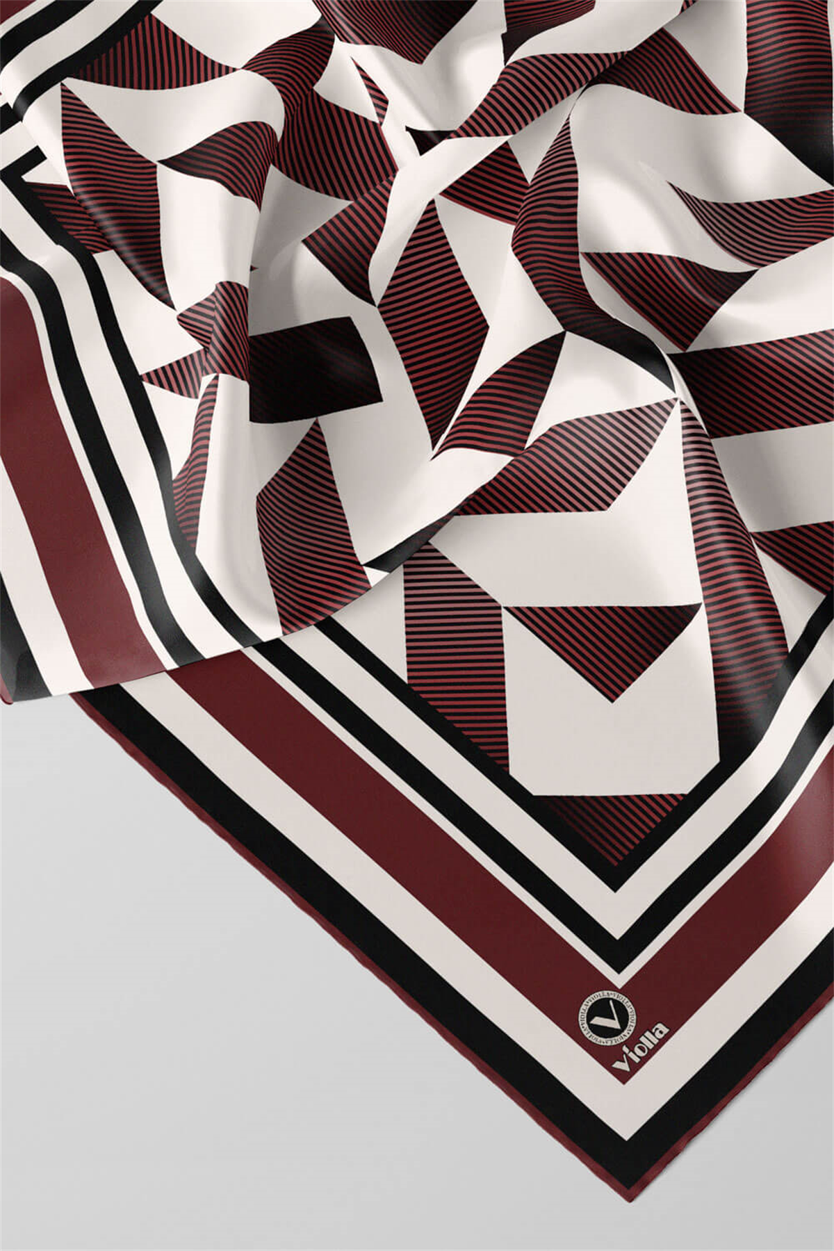 Twill Geometrik Desenli Şarabi Renkli 90x90 Eşarp (İpek İçermez) Kenar Dikiş Şekli El Dikişli