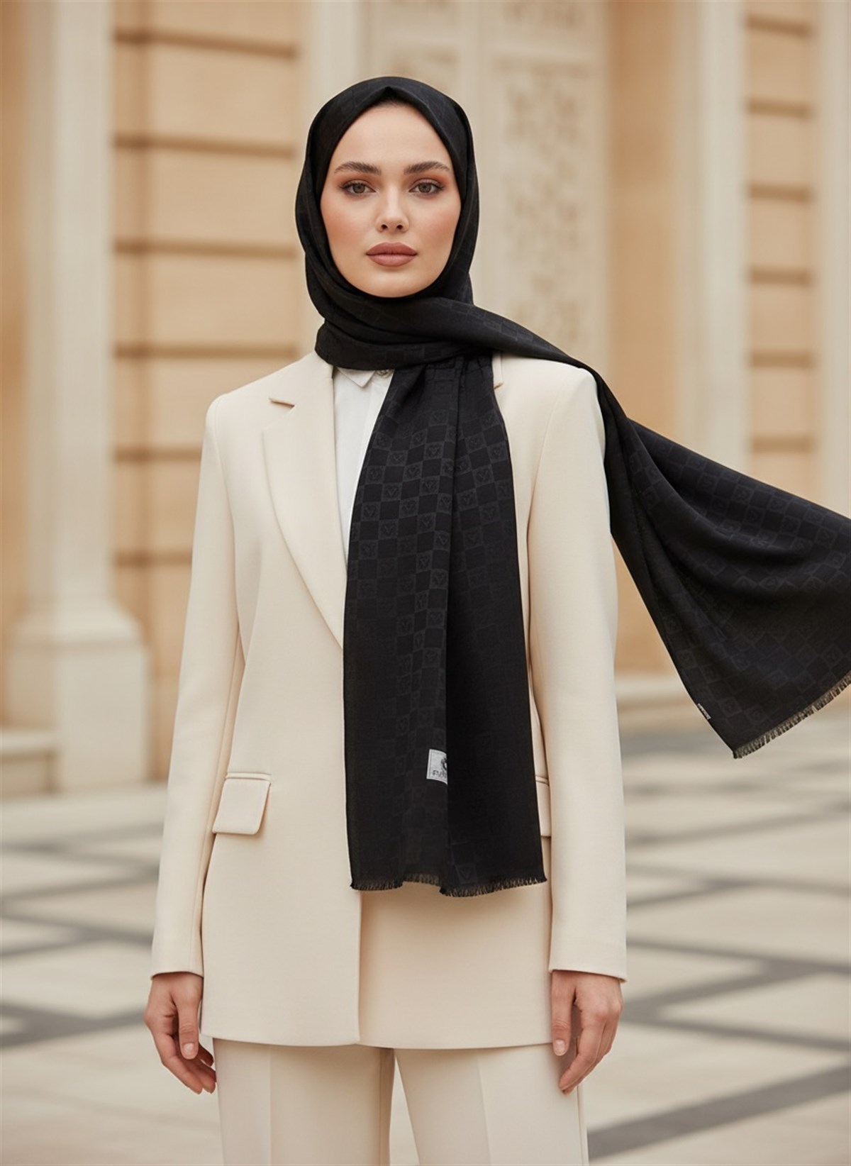 %57 İpek %43 Pamuk Monogram Dokumalı Siyah Renkli 70X190 Yumuşak Dökümlü Şal