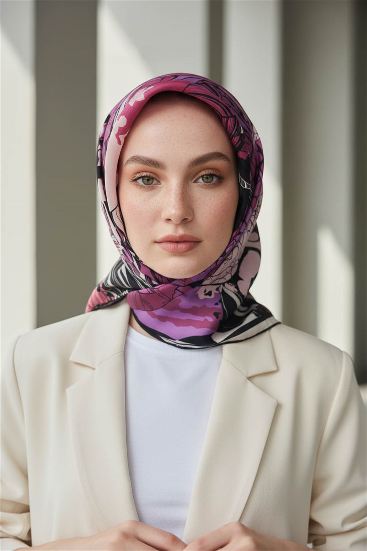%100 Twill İpek Yaprak Desenli Mor - Mürdüm Renkli 90x90 Eşarp Dikim Şekli : El Dikişi