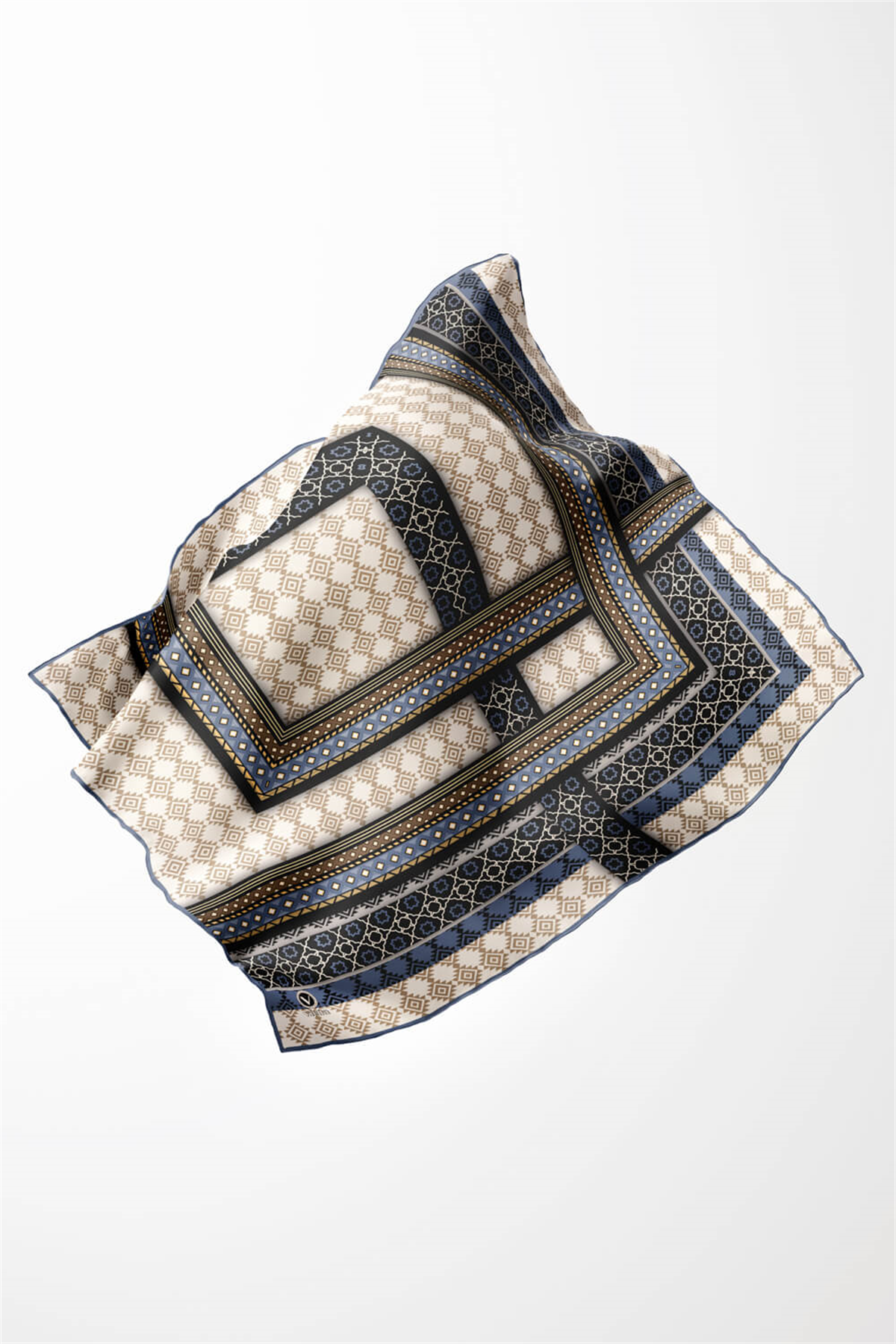 Twill Etnik Desenli Bebe Mavisi Renkli 90x90 Eşarp (İpek İçermez) Kenar Dikiş Şekli El Dikişli