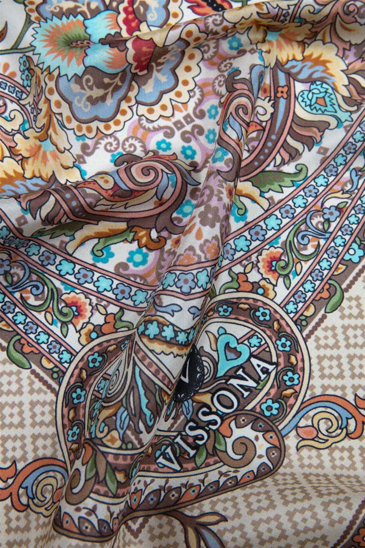 %100 İPEK ETRO DESENLİ BEJ - PETROL YEŞİLİ RENKLİ ŞAL