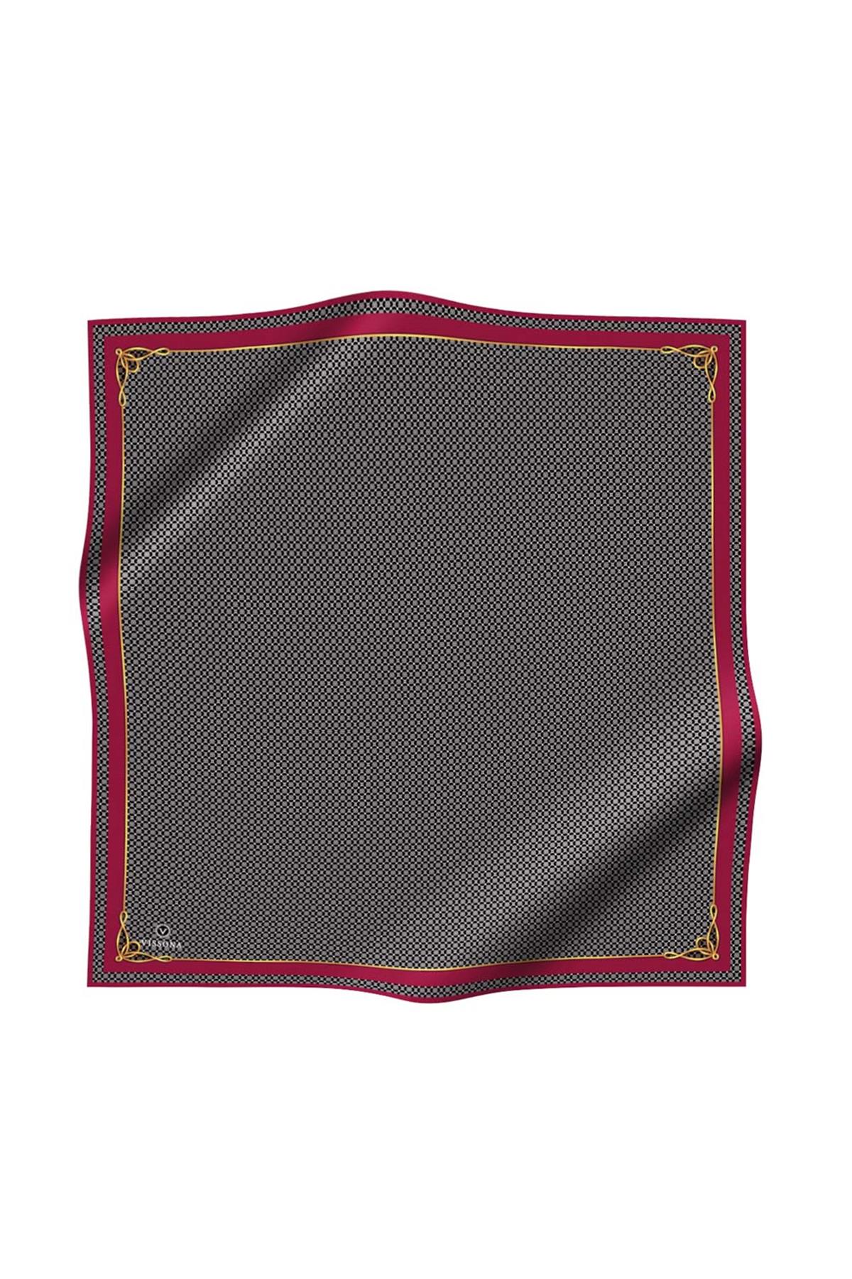 %100 Twill İpek Minik Motif Desenli Siyah - Bordo Renkli 90x90 Eşarp Dikim Şekli : El Dikişi
