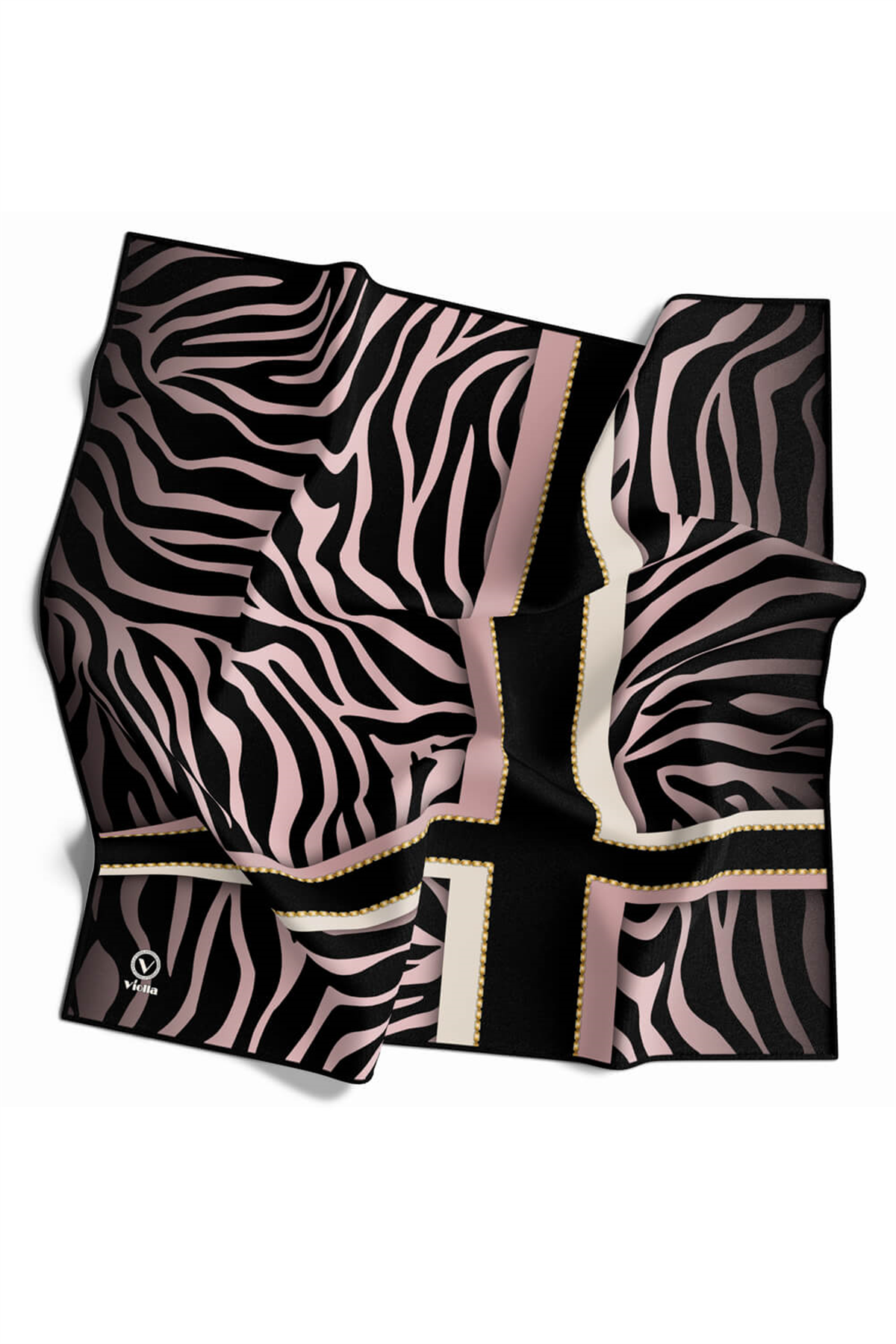 Twill Zebra Desenli Siyah - Pudra Renkli 90x90 Eşarp (İpek İçermez) Dikim Şekli : El Dikişi