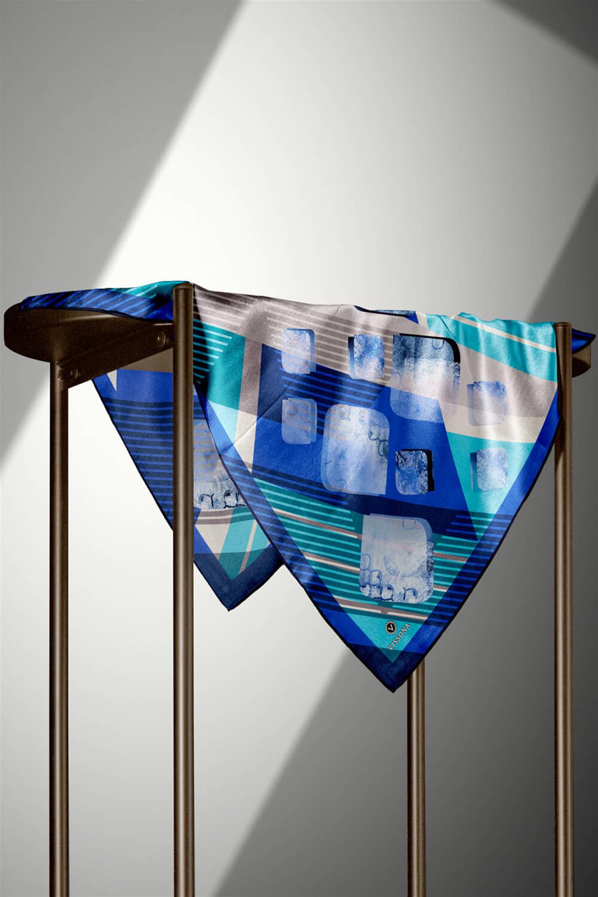 %100 Twill İpek Geometrik Desenli Saks - Mint Yeşili Renkli 90x90 Eşarp Dikim Şekli : El Dikişi