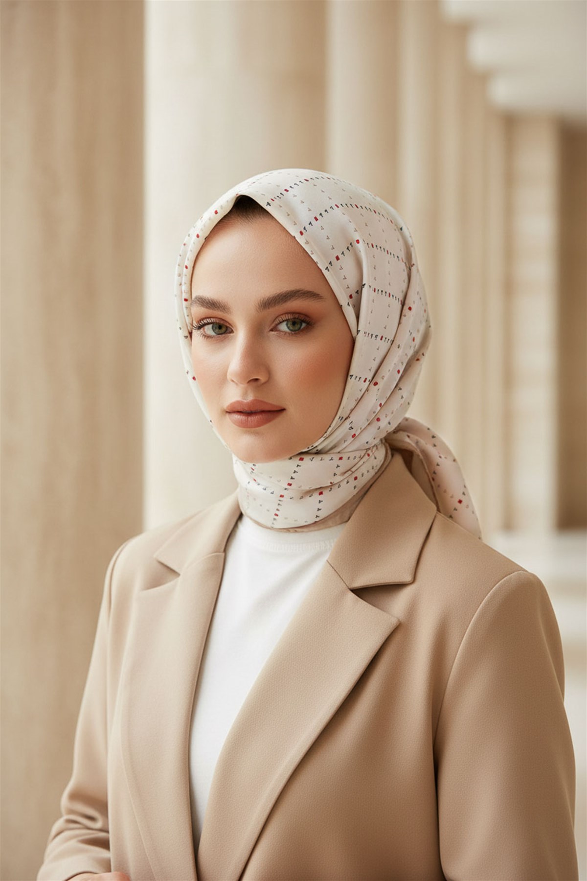 % 57 İPEK % 43 VİSKON Twill İpek Minik V Desenli Beyaz Renkli 90x90 Eşarp Dikim Şekli : El Dikişi