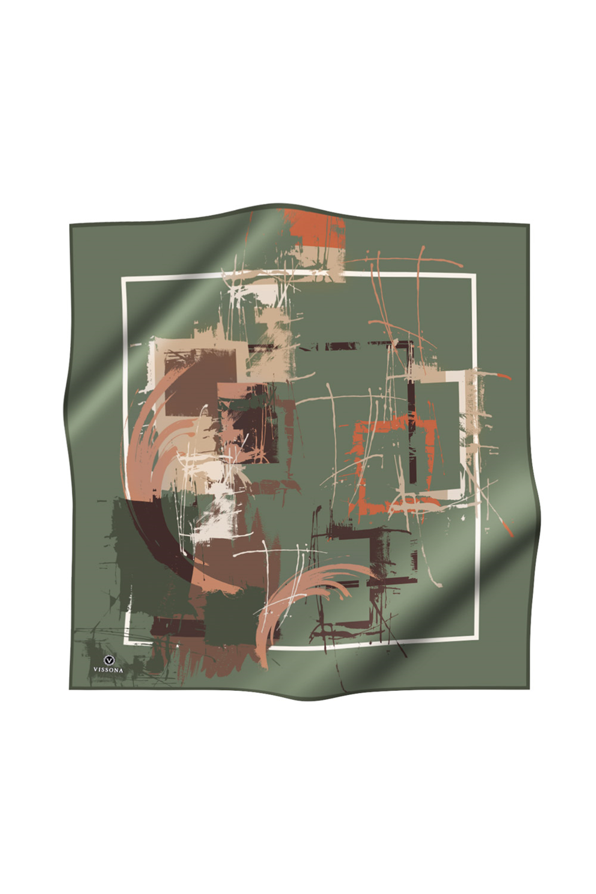 % 57 İPEK % 43 VİSKON Twill İpek Geometrik Desenli Çağla - Bakır Renkli 90x90 Eşarp Dikim Şekli : El Dikişi