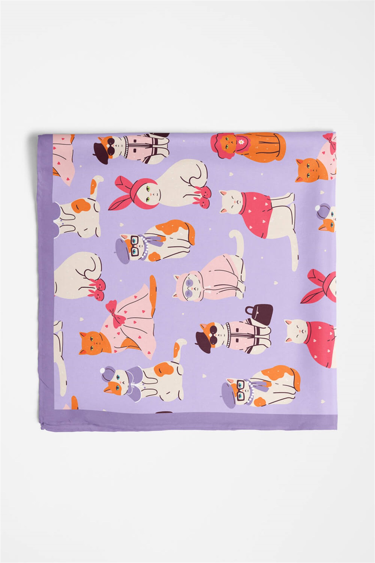 %100 İpek Süslü Kedi Desenli Kadın Bandana