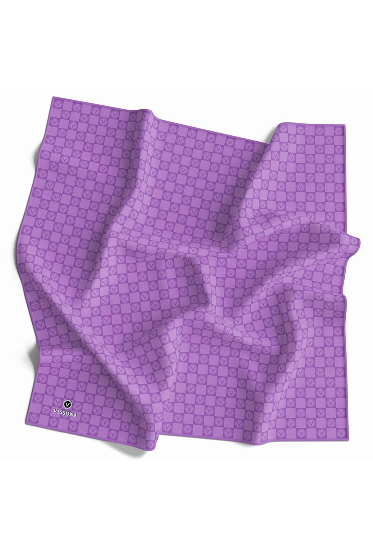 %100 Twill İpek Monogram Desenli Lila Renkli 90x90 Eşarp Dikim Şekli : El Dikişi