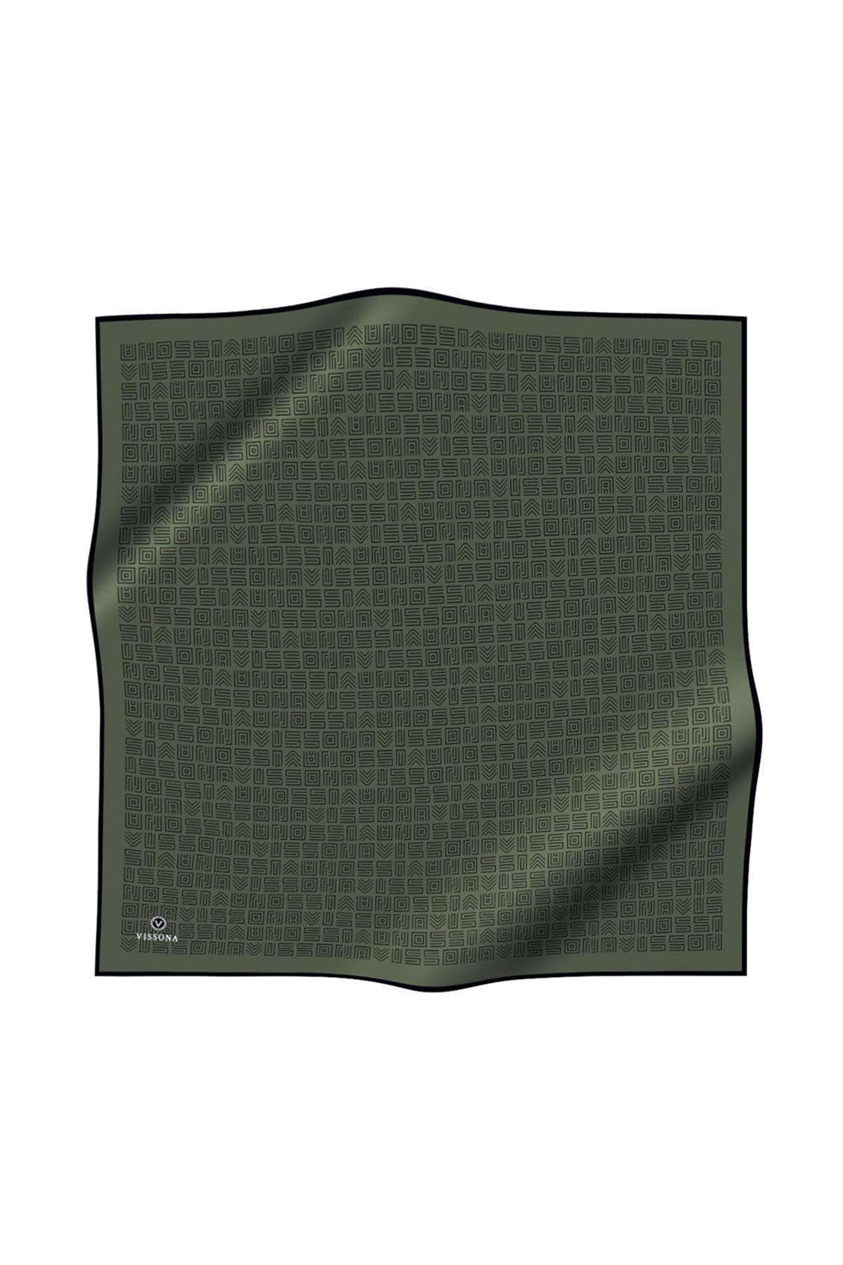 100% Twill İpek Etnik Motif Desenli Haki - Siyah Renkli 90x90 Dikim Şekli : El Dikişi Eşarp