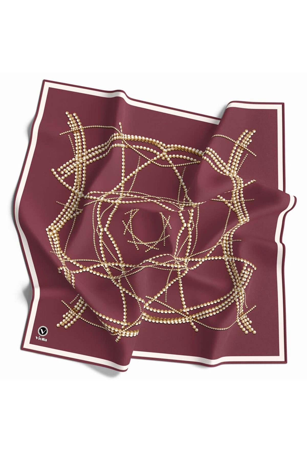Twill Boncuk Desenli Gül Kurusu Renkli 90x90 Eşarp (İpek İçermez) Kenar Dikiş Şekli El Dikişli