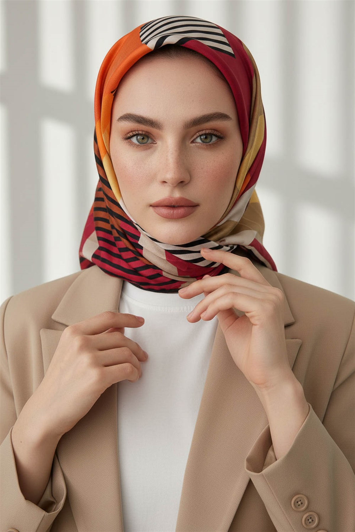 100% Twill İpek Geometrik Desenli Taba - Bej Renkli 90x90 Dikim Şekli : El Dikişi Eşarp