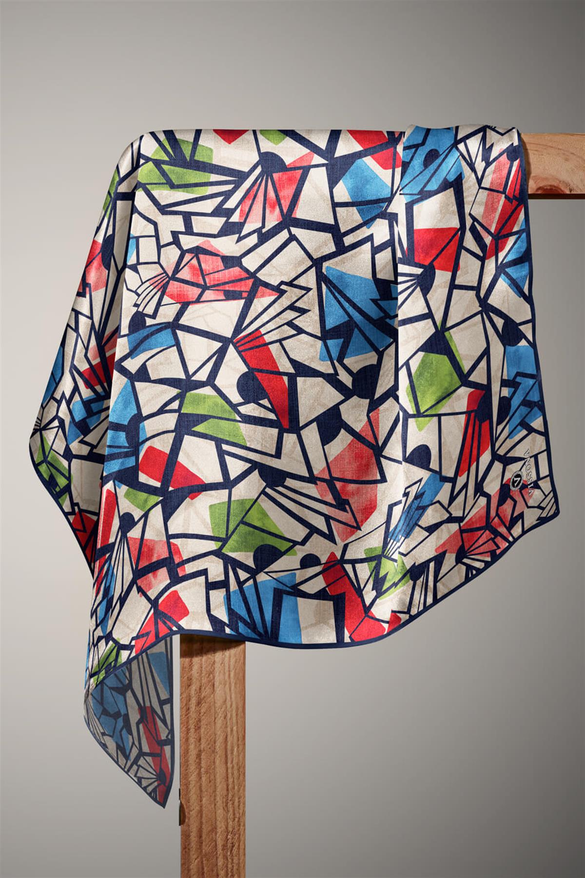 %100 Twill Renkli Petek Desenli Kırmızı - Saks Renkli 90x90 Eşarp Dikim Şekli: El Dikişii