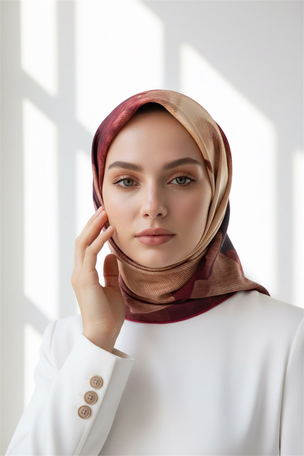 %100 Twill İpek Yaprak Desenli Bordo Renkli 90x90 Eşarp Dikim Şekli : El Dikişi