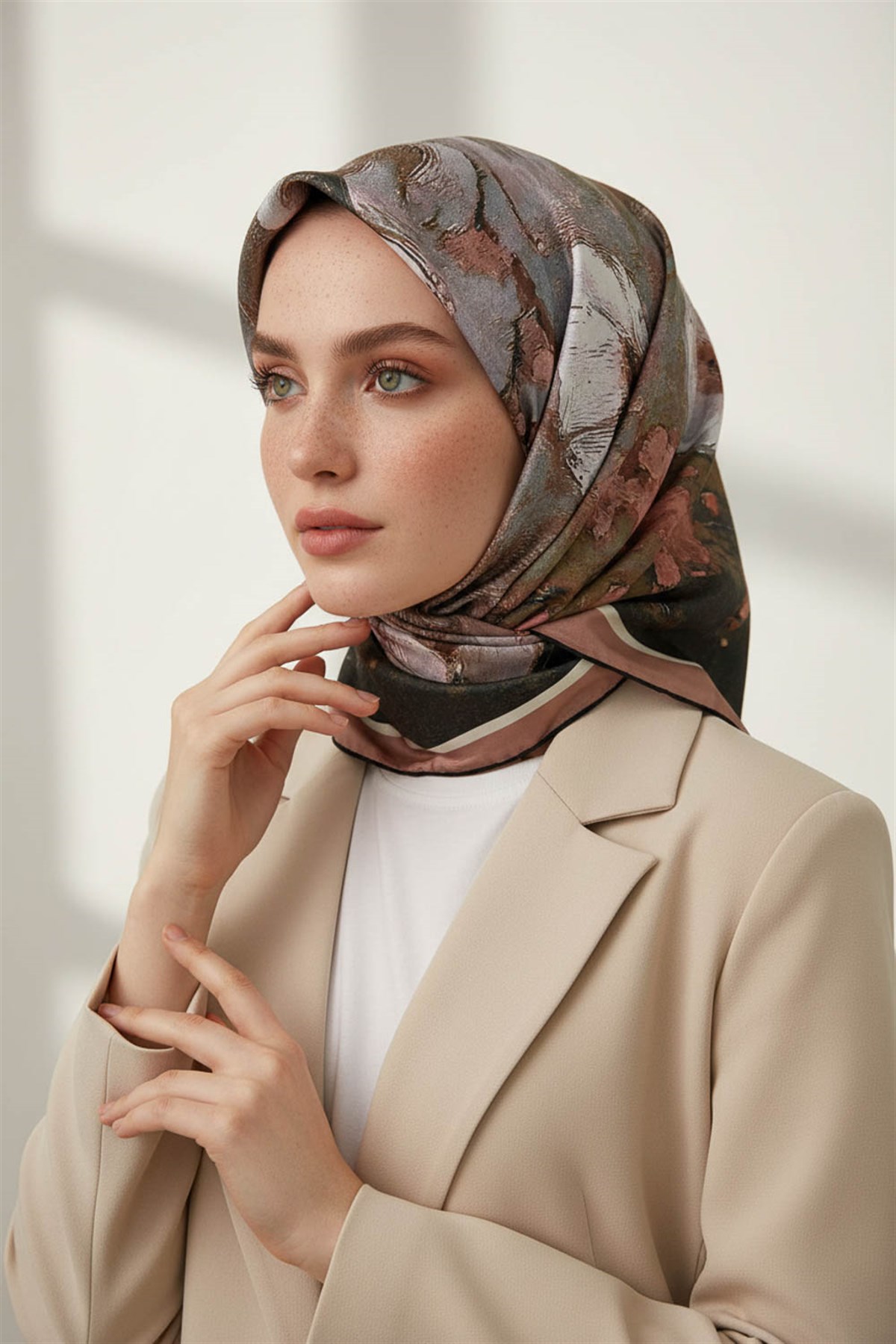 %100 Twill İpek Yağlı Boya Çiçek Desenli Bej Renkli 90x90 Eşarp Dikim Şekli : El Dikişi