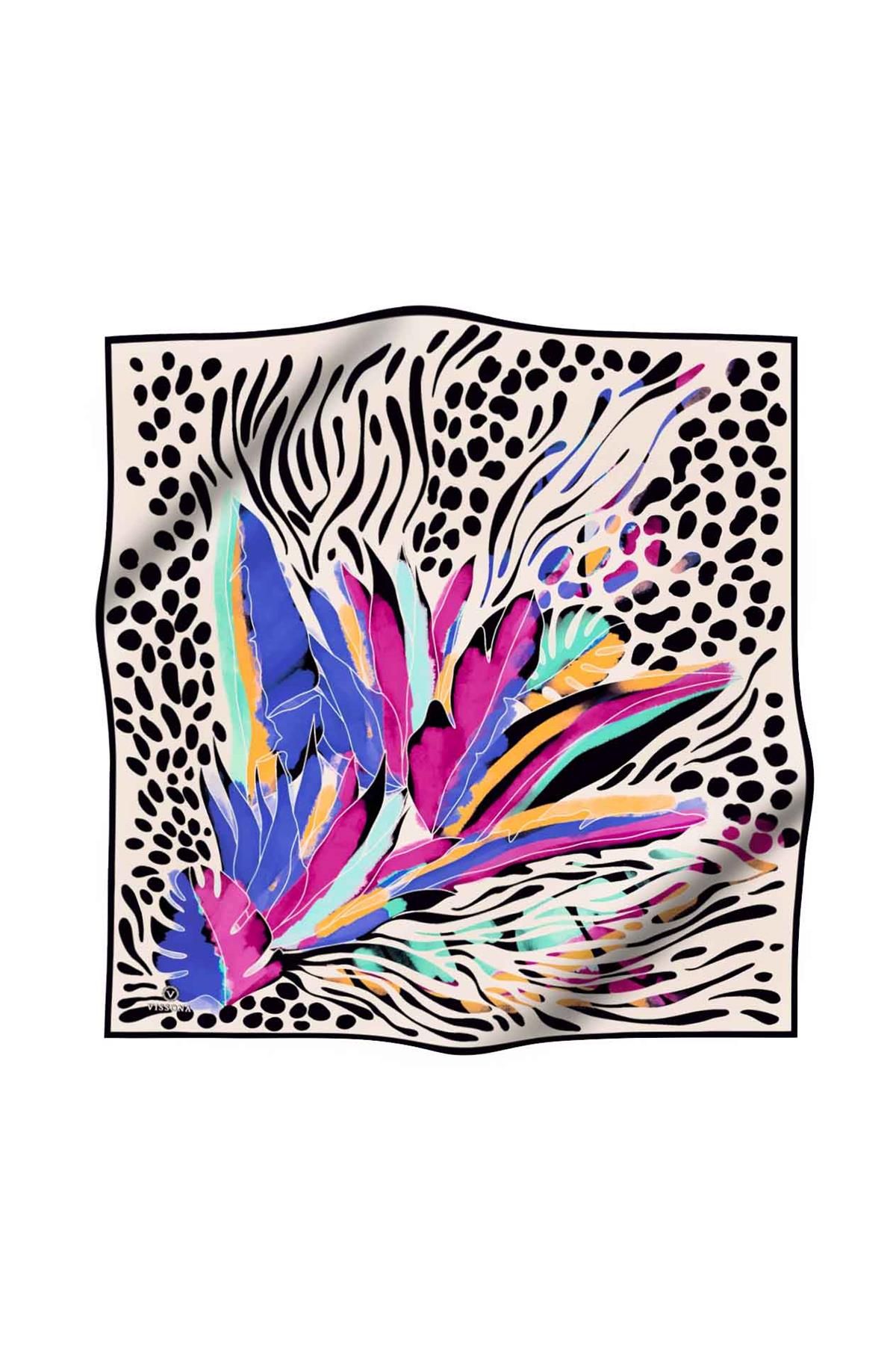 %100 Twill İpek Amazon Desenli Saks - Fuşya Renkli 90x90 Eşarp Kenar Dikiş Şekli El Dikişli