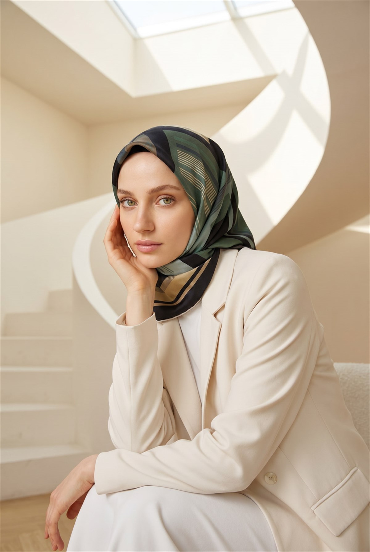 %100 Twill İpek Kare Desenli Siyah - Mint Yeşili Renkli 90x90 Eşarp Kenar Dikiş Şekli El Dikişli