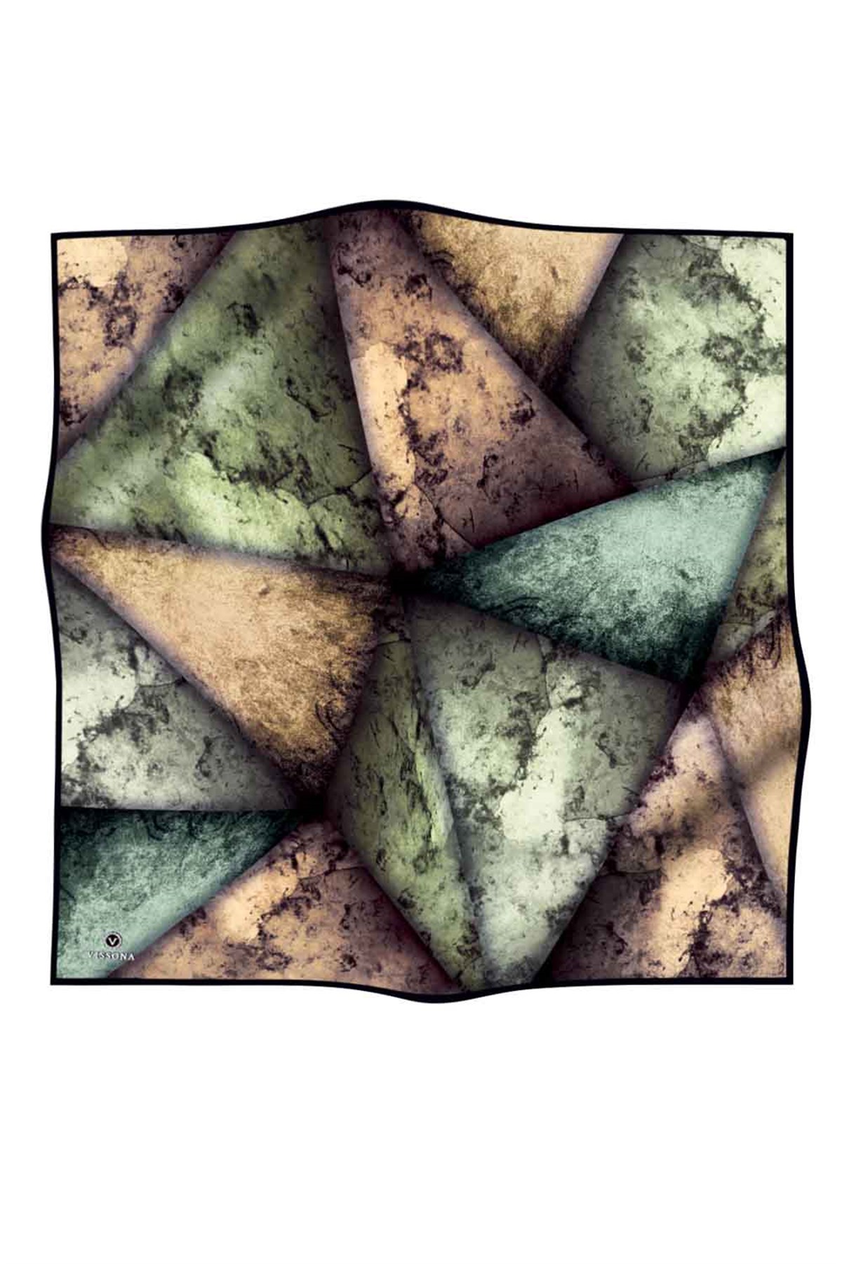 %100 Twill İpek Dokulu Ve Geometrik Desenli Zümrüt Yeşili - Haki Renkli 90x90 Eşarp Dikim Şekli : El Dikişi