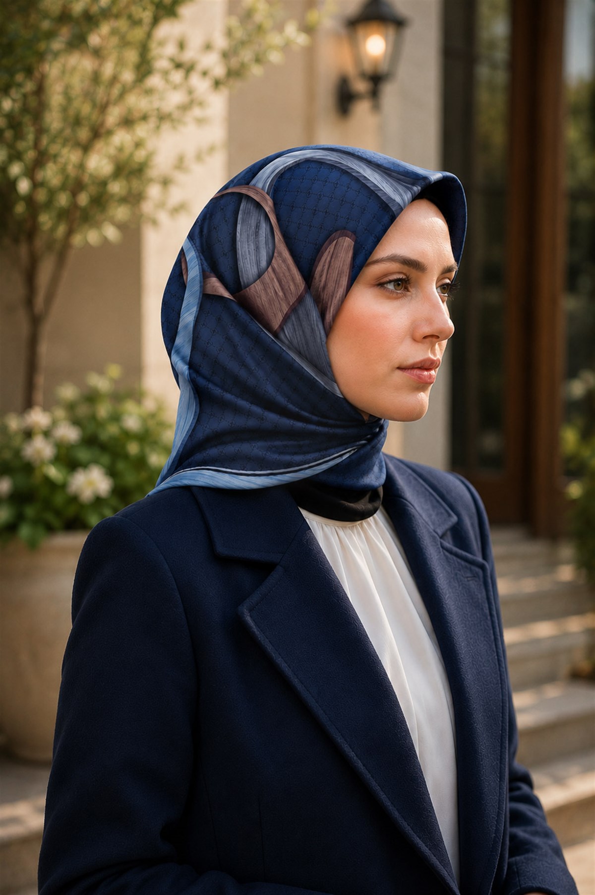 100% Twill Geometrik Halka Desenli İndigo - Gri Renkli 90x90 Dikim Şekli : El Dikişi Eşarp