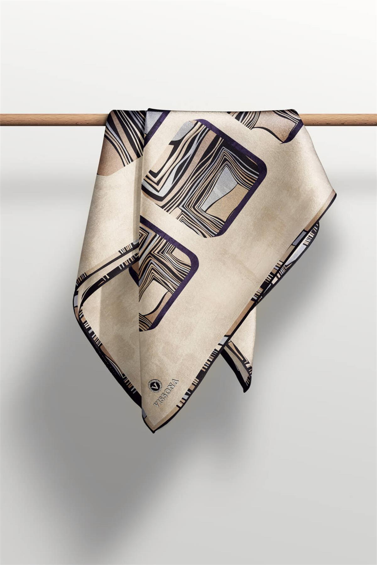 %100 Twill İpek Geometrik Kare Desenli Vizon - Gri Renkli 90x90 Eşarp Dikim Şekli : El Dikişi