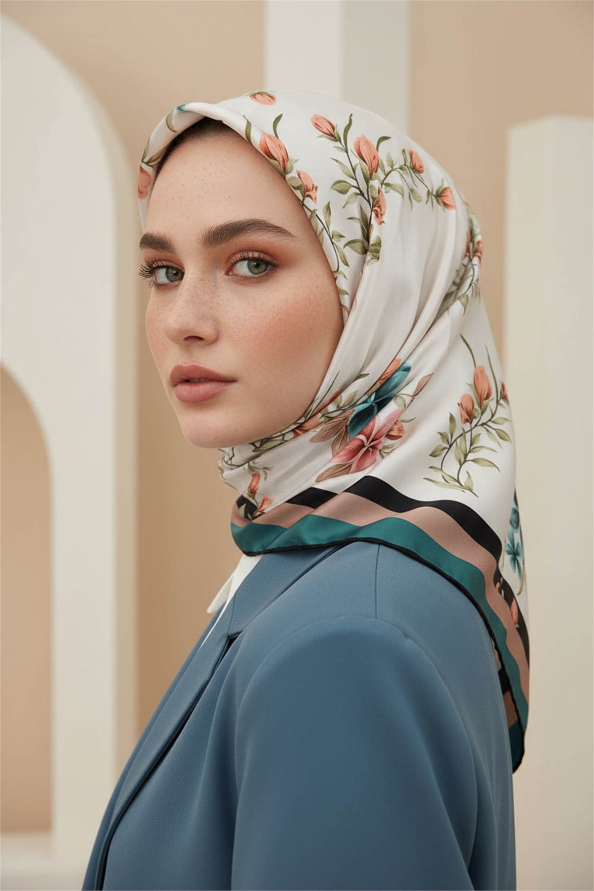 Rayon Çiçek Desenli Petrol Yeşili Renkli 90x90 Eşarp (İpek İçermez) Dikim Şekli : El Dikişi