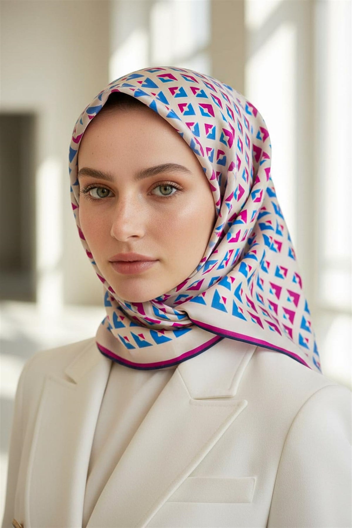 %100 Twill İpek Geometrik Desenli Saks - Fuşya Renkli 90x90 Eşarp Dikim Şekli : El Dikişi