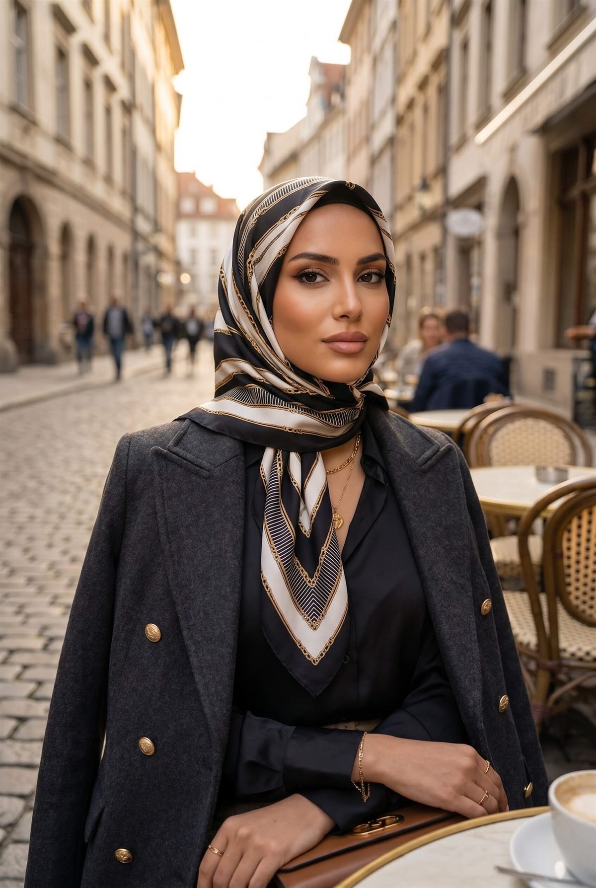 %100 Twill İpek Zincir Detaylı Geometrik Desenli Siyah - Krem Renkli 90x90 Eşarp Dikim Şekli : El Dikişi